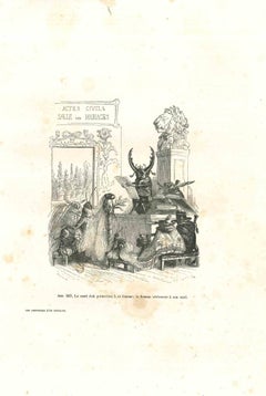 The Bride Dragonfly In the Wedding Hall - Lithograph by J.J Grandville - 1852