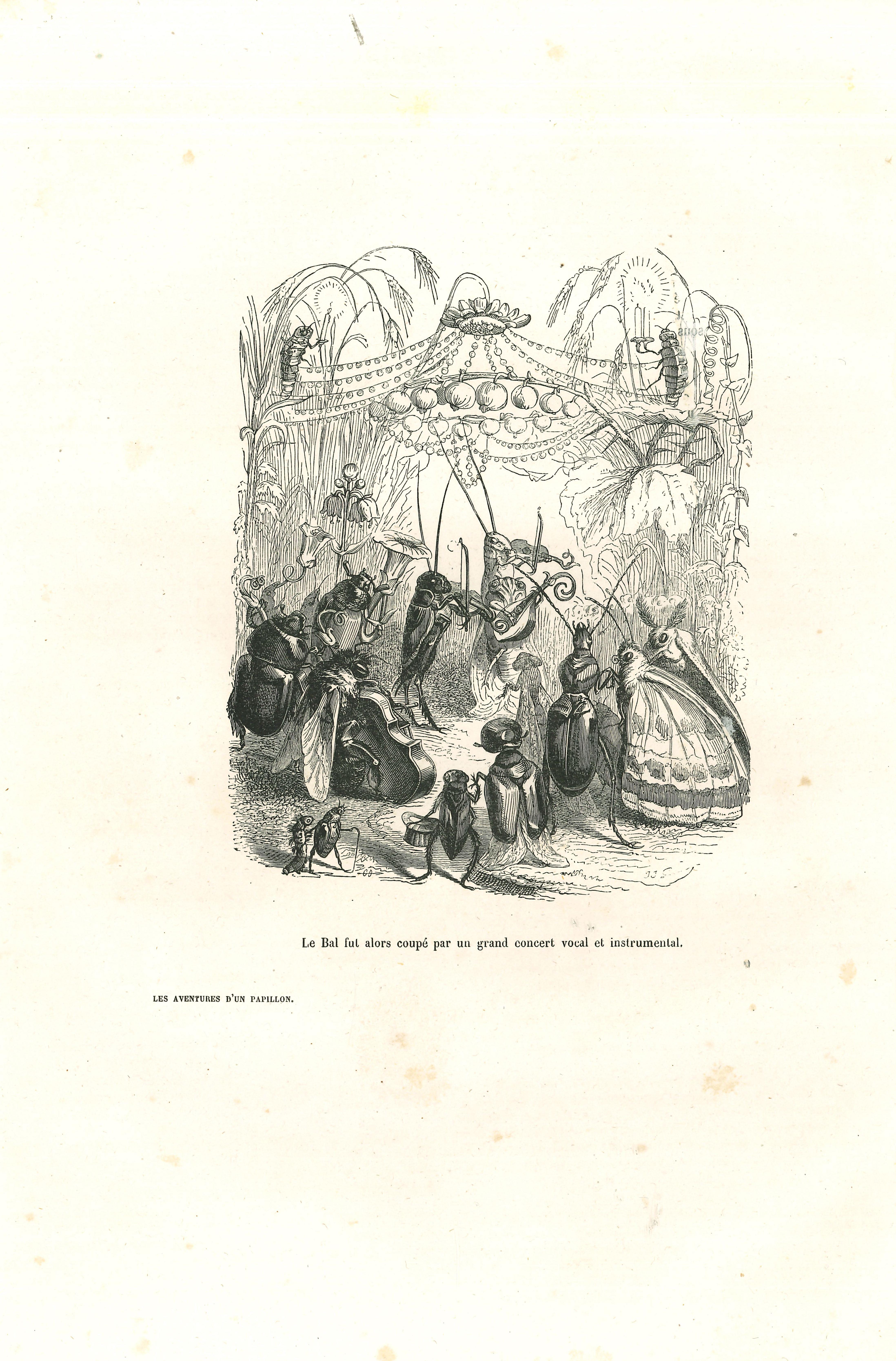 Figurative Print de J. J. Grandville - El Concierto En El Bosque Con Los Saltamontes Violinista Y.. por J.J Grandville-1852