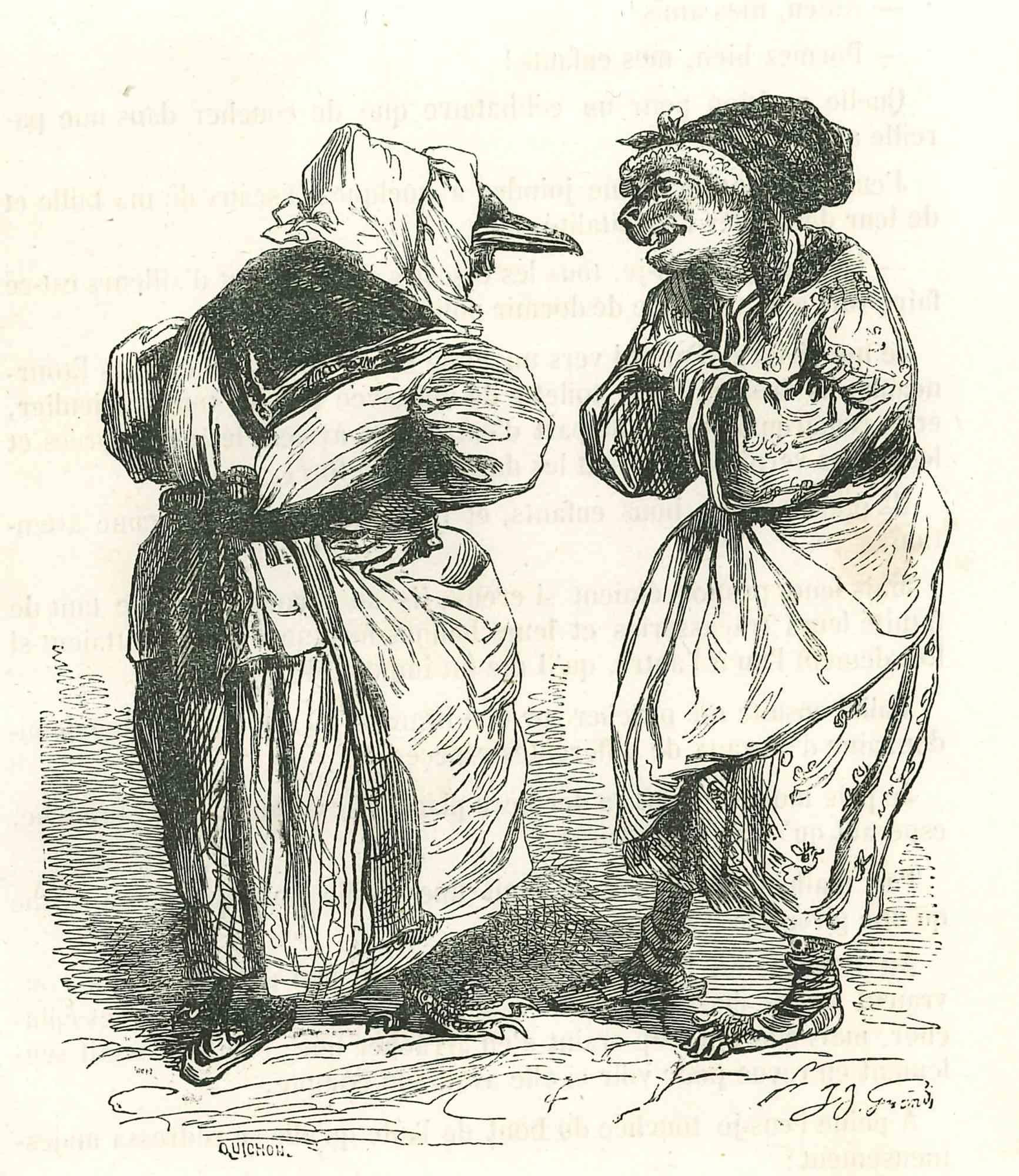 Le conversazioni di  Maids, Pleading Mrs. Fox è una litografia originale su carta color avorio realizzata da J.J. Grandville da Scènes de la vie privée et publique des animaux, 1852. Pubblicato da Manesq & Harvard, Parigi. 

Firmato sul