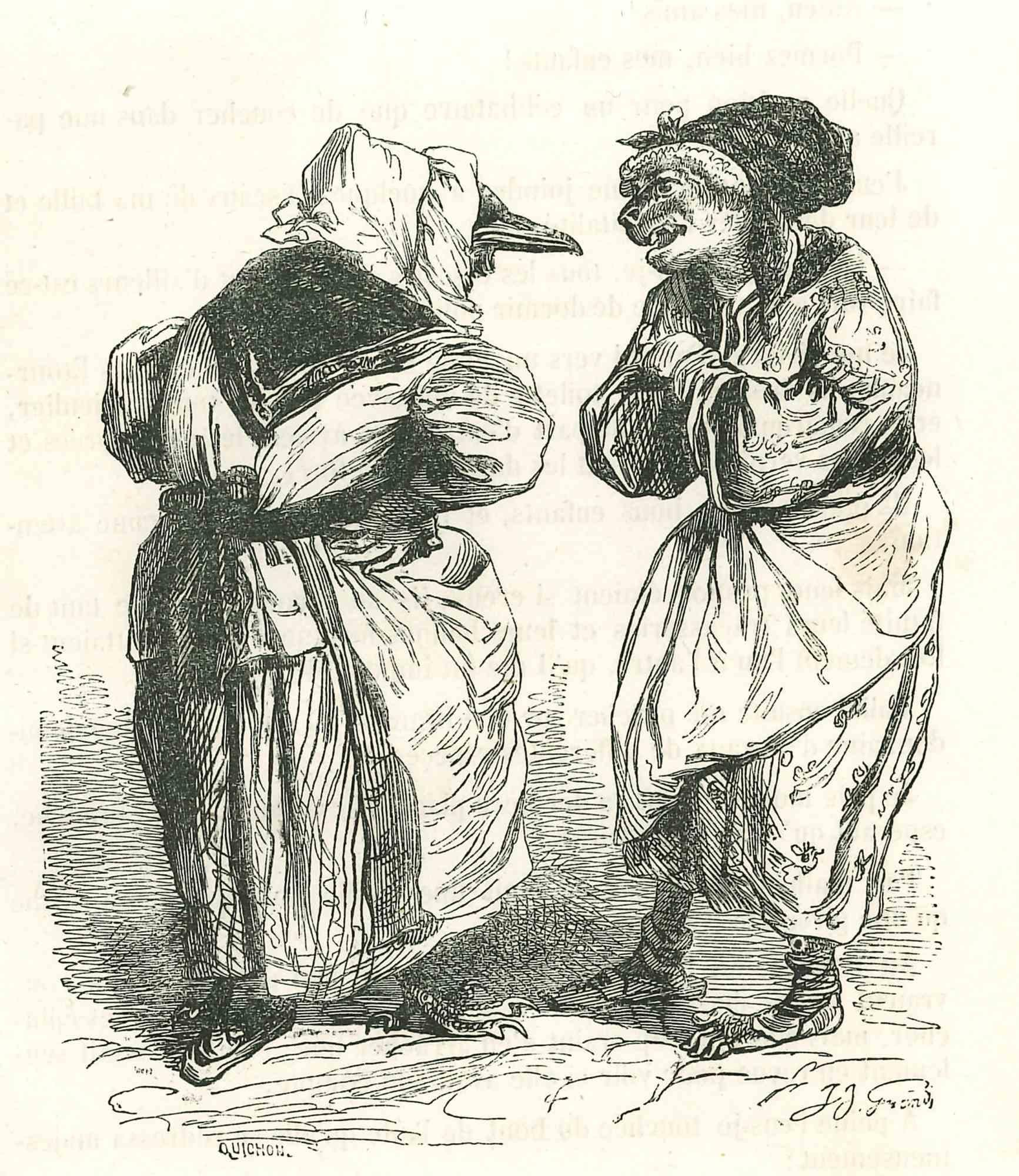 Jean Jeacques Grandville Figurative Print - The Conversations of  Maids, Pleading Mrs. fox-Lithograph by J.J Grandville-1852