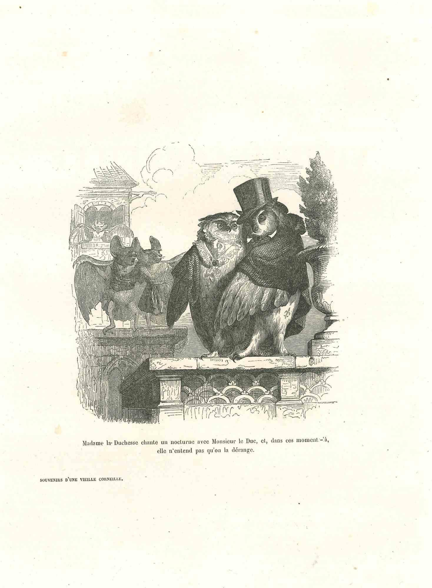 Jean Jeacques Grandville Animal Print - The Duchess Owl Sings For The Duke Owl - Lithograph by J.J Grandville - 1852