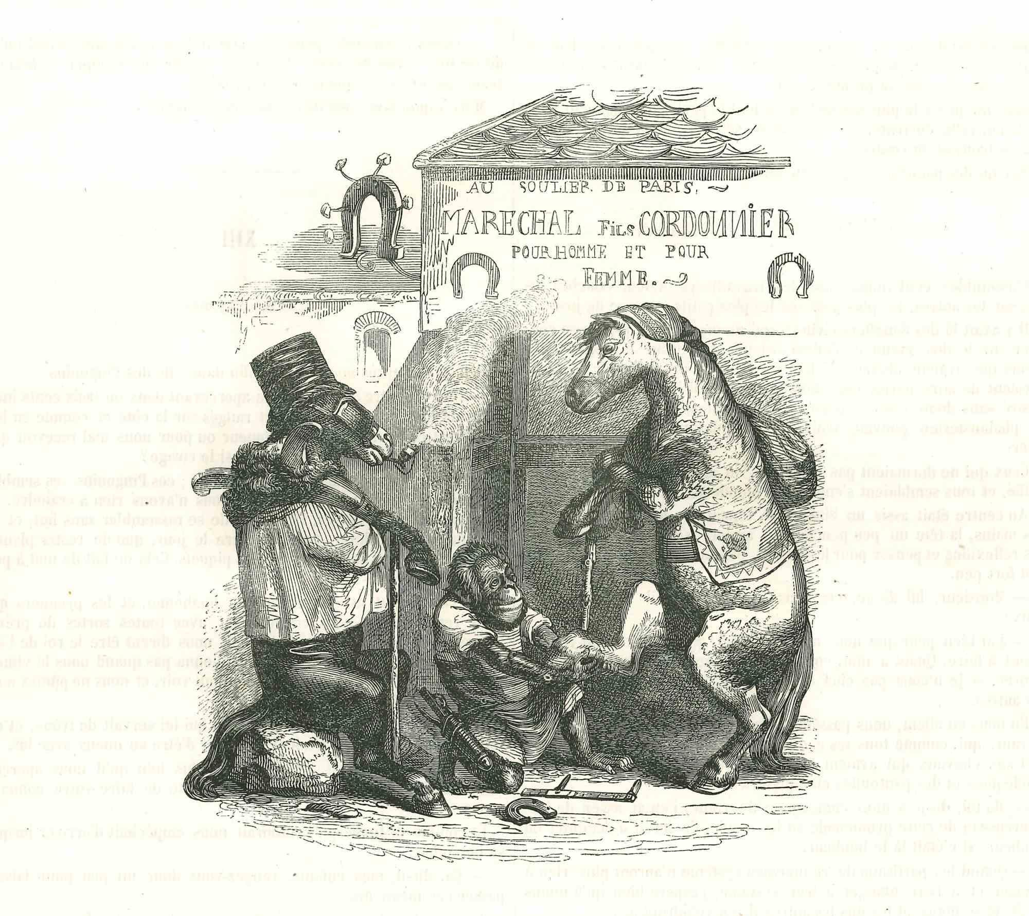 Jean Jeacques Grandville Animal Print - The Farrier Gorilla - Original Lithograph by J.J Grandville - 1852