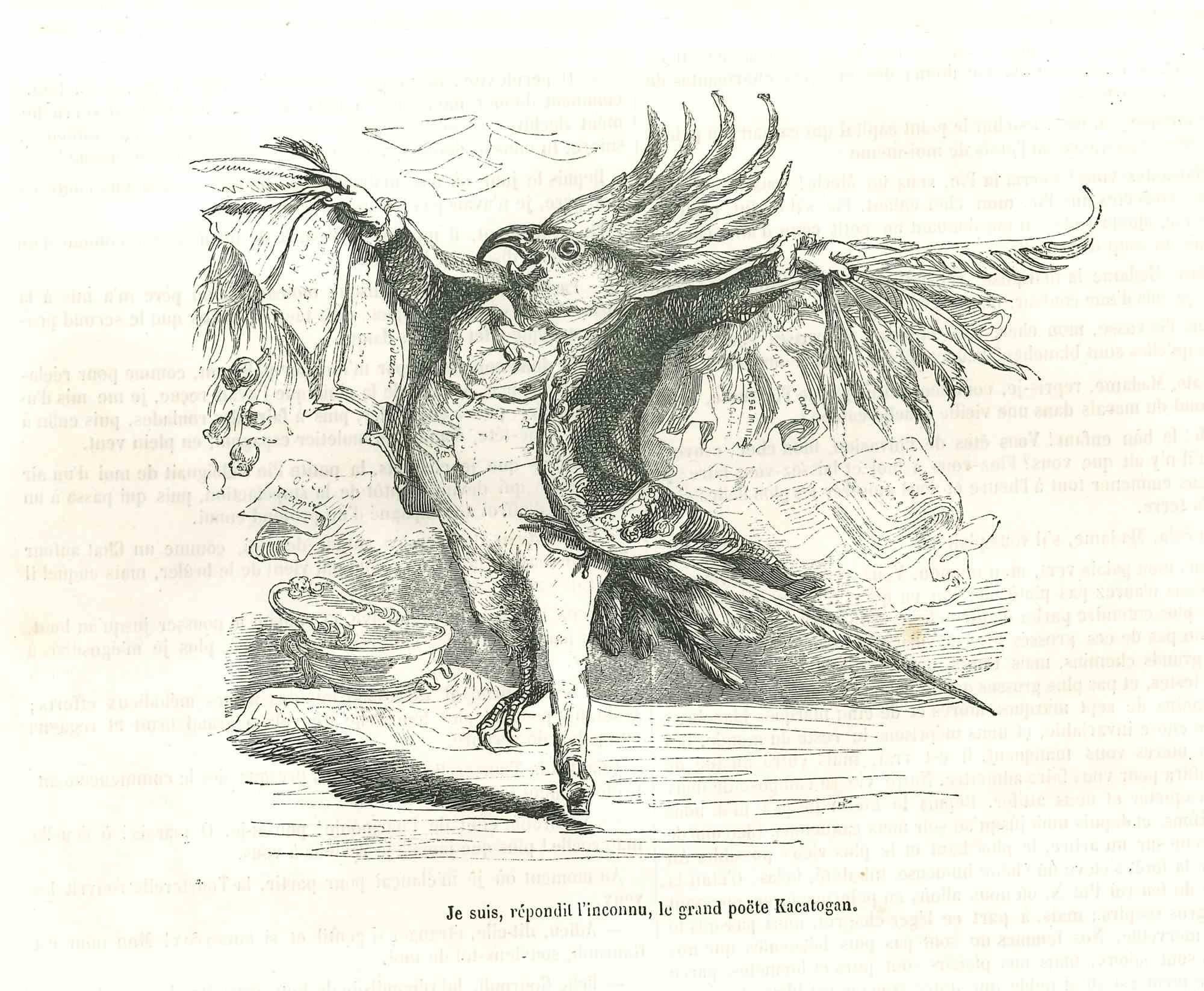 Der große Dichter Mr. Cockatoo mit Papieren - Lithographie von J.J Grandville - 1852