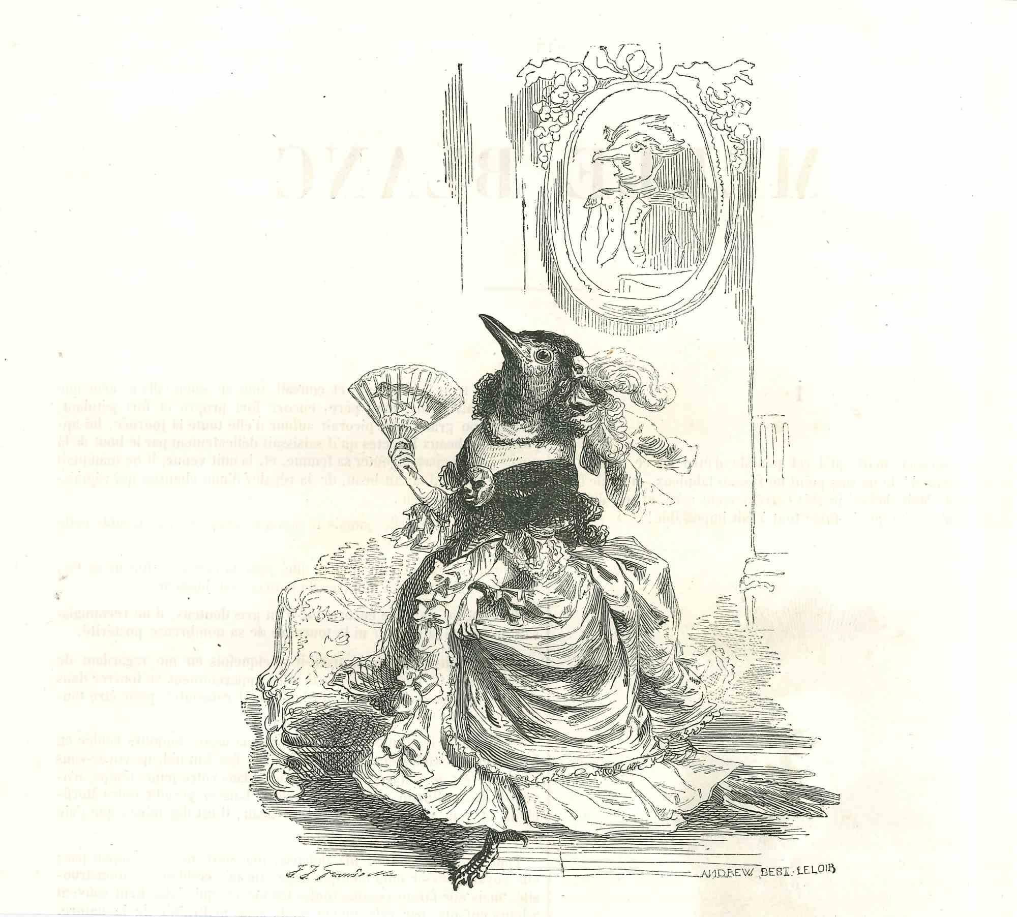 Jean Jeacques Grandville Figurative Print - The Lady Dunlin With Her Hand Fan - Original Lithograph by J.J Grandville - 1852