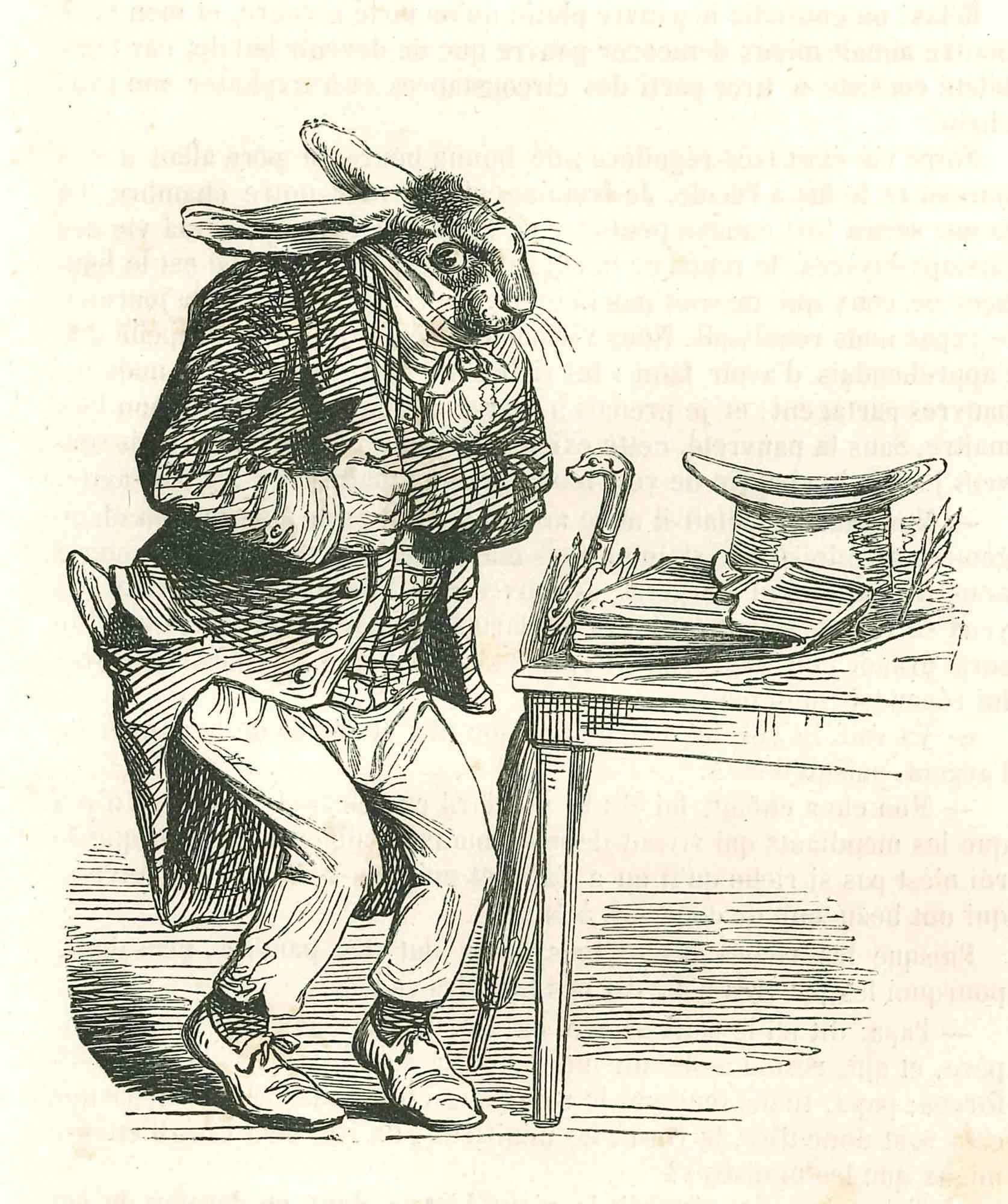 The Lawyer Bunny In A Hurry - Lithograph by J.J Grandville - 1852