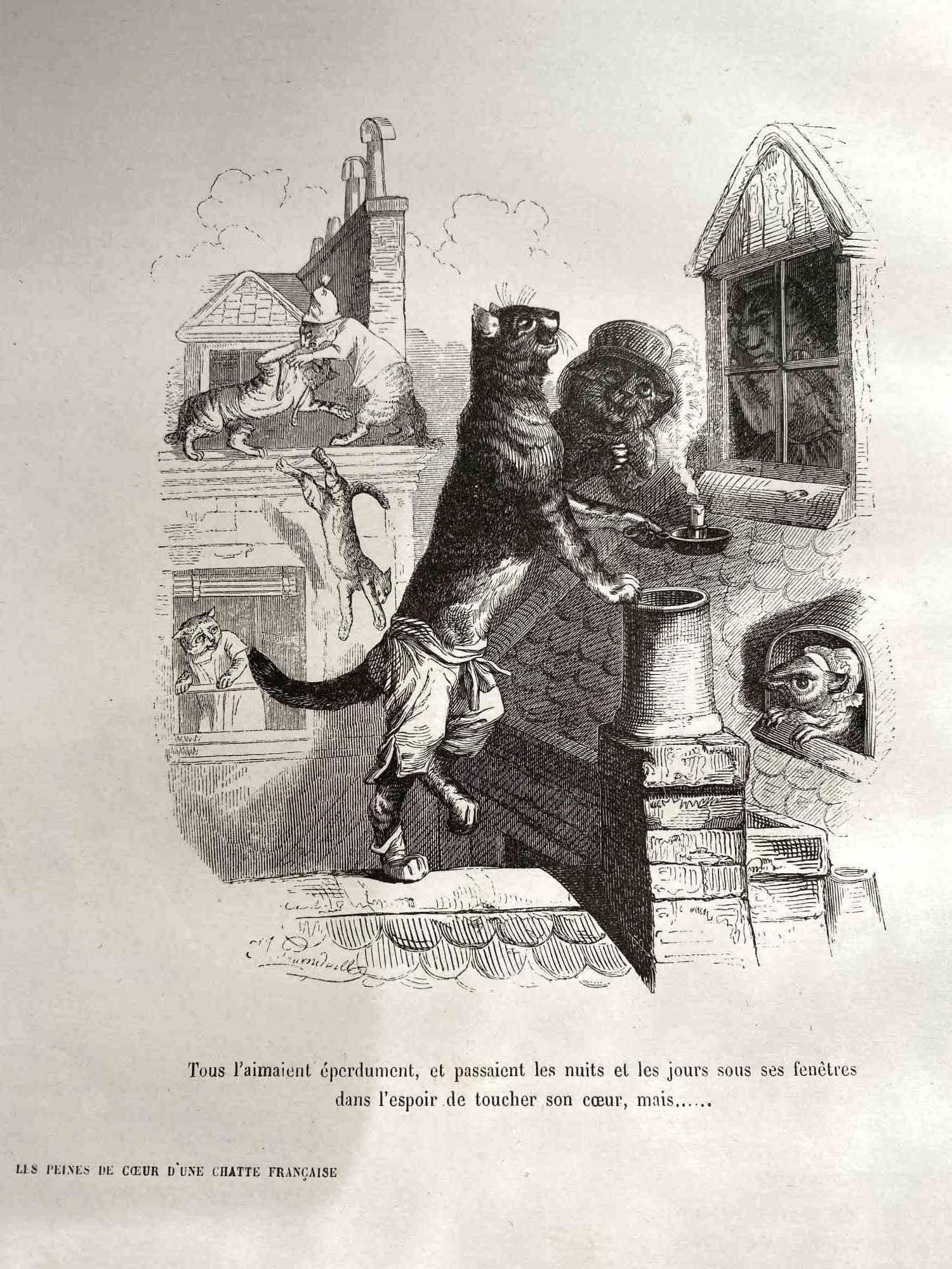 Jean Jeacques Grandville Figurative Print - The Lover Mr. Cat Peeking through Window Miss. Cat by J.J Grandville - 1852