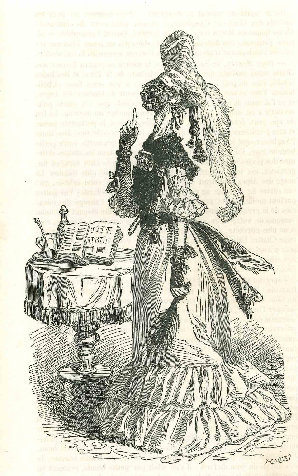 Jean Jeacques Grandville Animal Print - The Oriental Monkey Maid - Original Lithograph by J.J Grandville - 1852