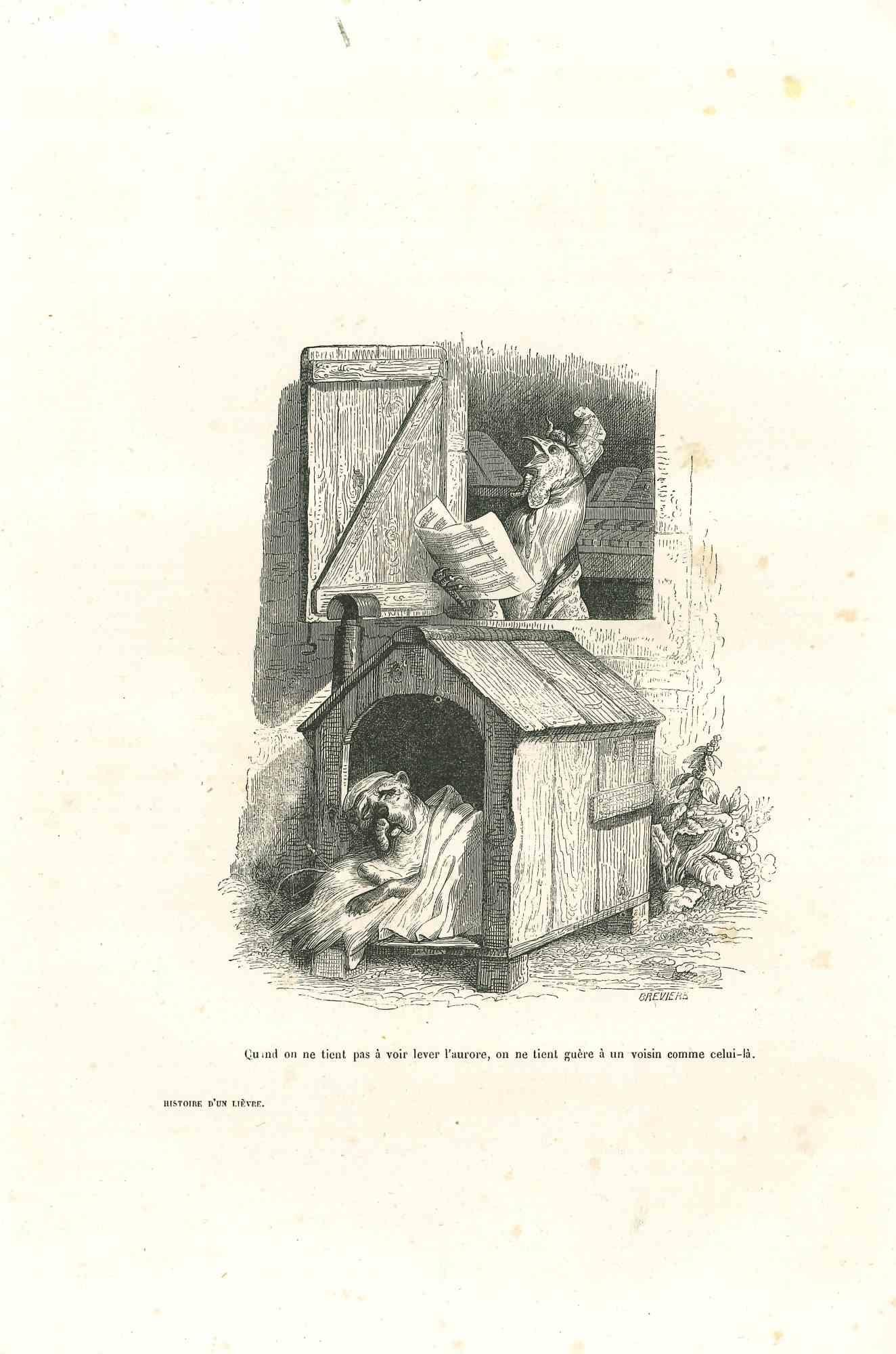 J. J. Grandville Figurative Print - The Sleepy Dog Awakened by Singing Rooster - Lithograph by J.J Grandville - 1852