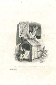 The Sleepy Dog Awakened by Singing Rooster - Lithograph by J.J Grandville - 1852