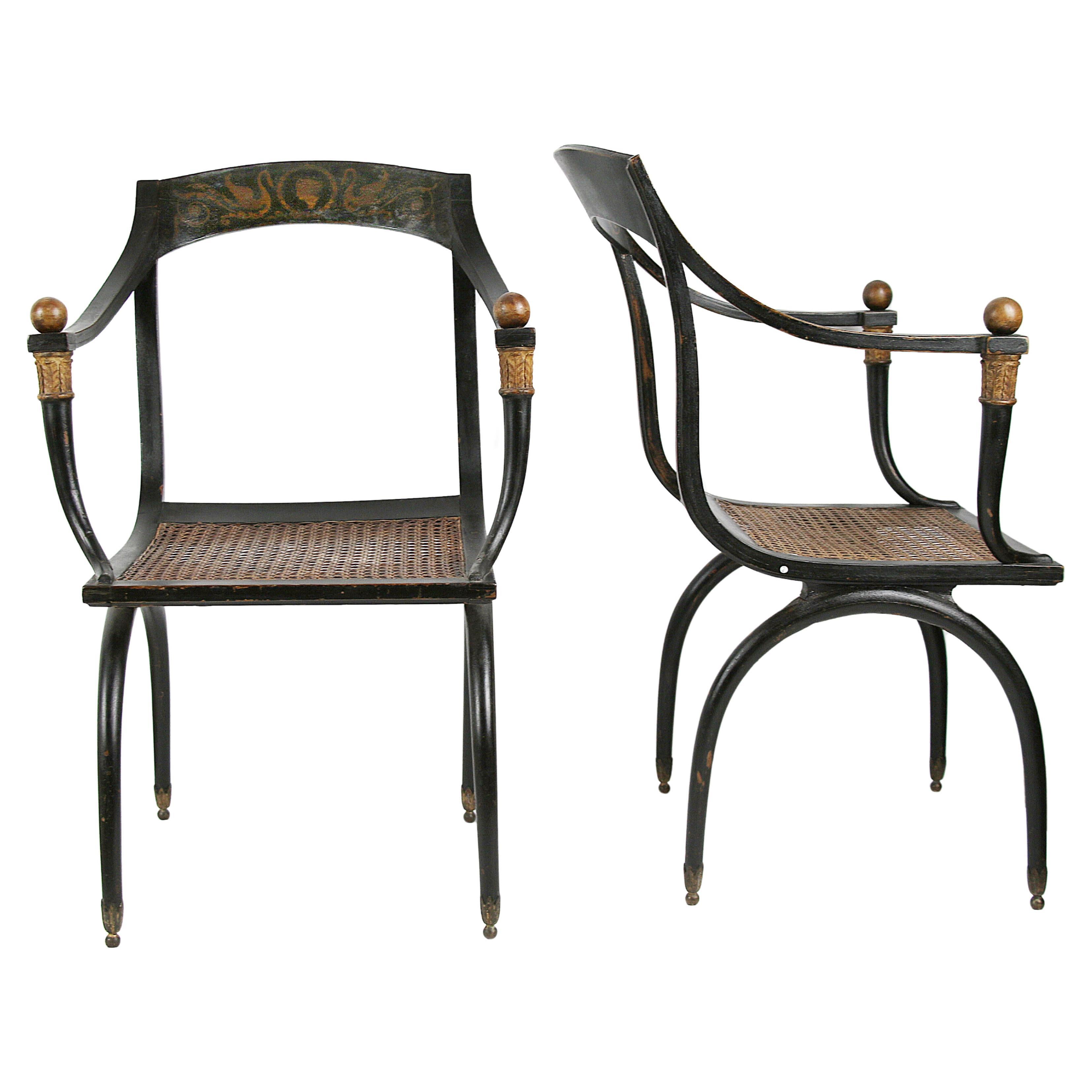 Jean-Joseph Chapuis Rare Pair of Empire parcel-gilt japanned Fauteuils For Sale