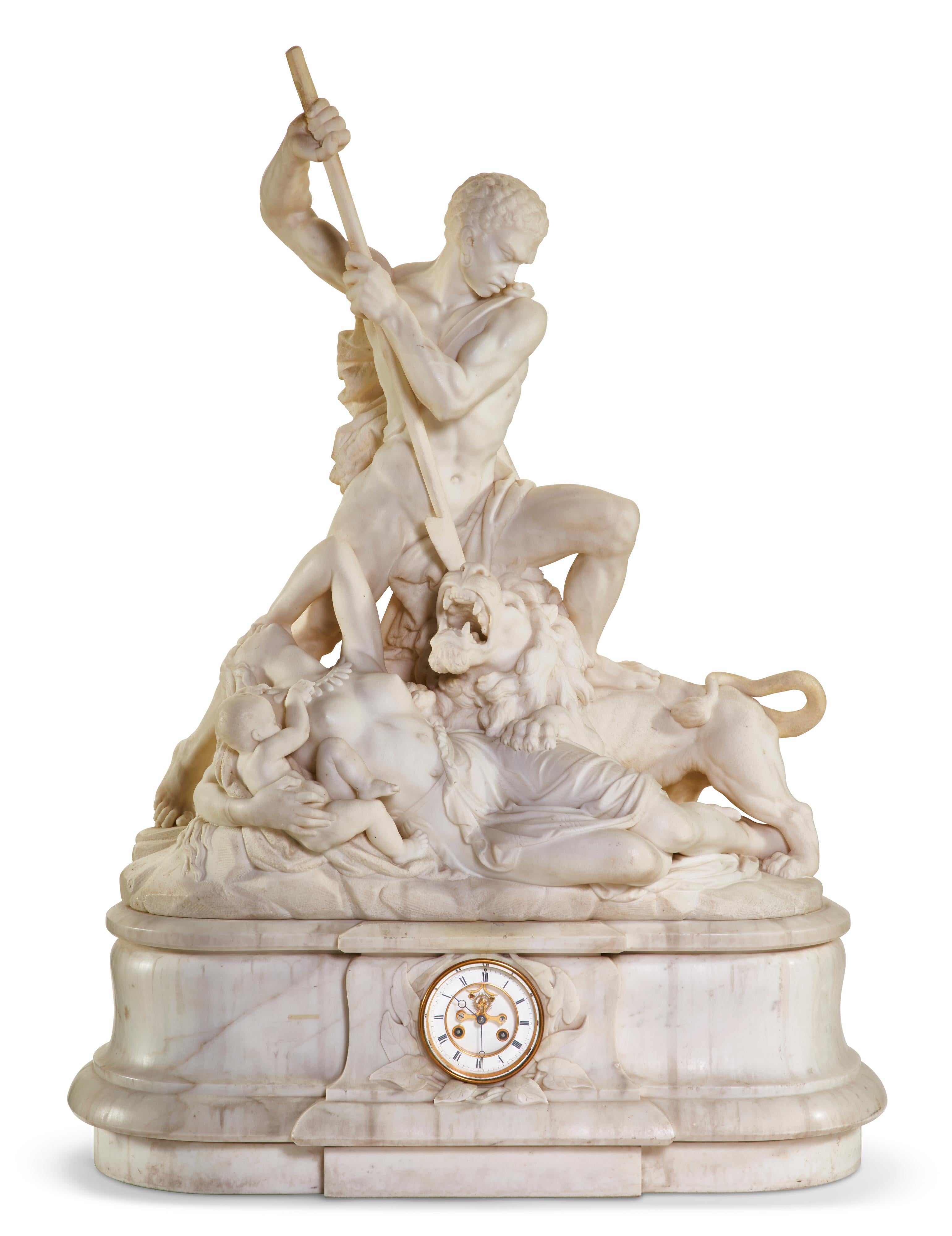 Jean-Joseph Jacquet Figurative Sculpture - An Exceptional White Marble Figural Sculpture Clock, "A Nubian Slaying The Lion"