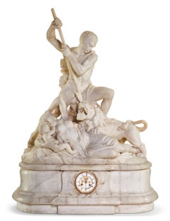 An Exceptional White Marble Figural Sculpture Clock, "A Nubian Slaying The Lion"
