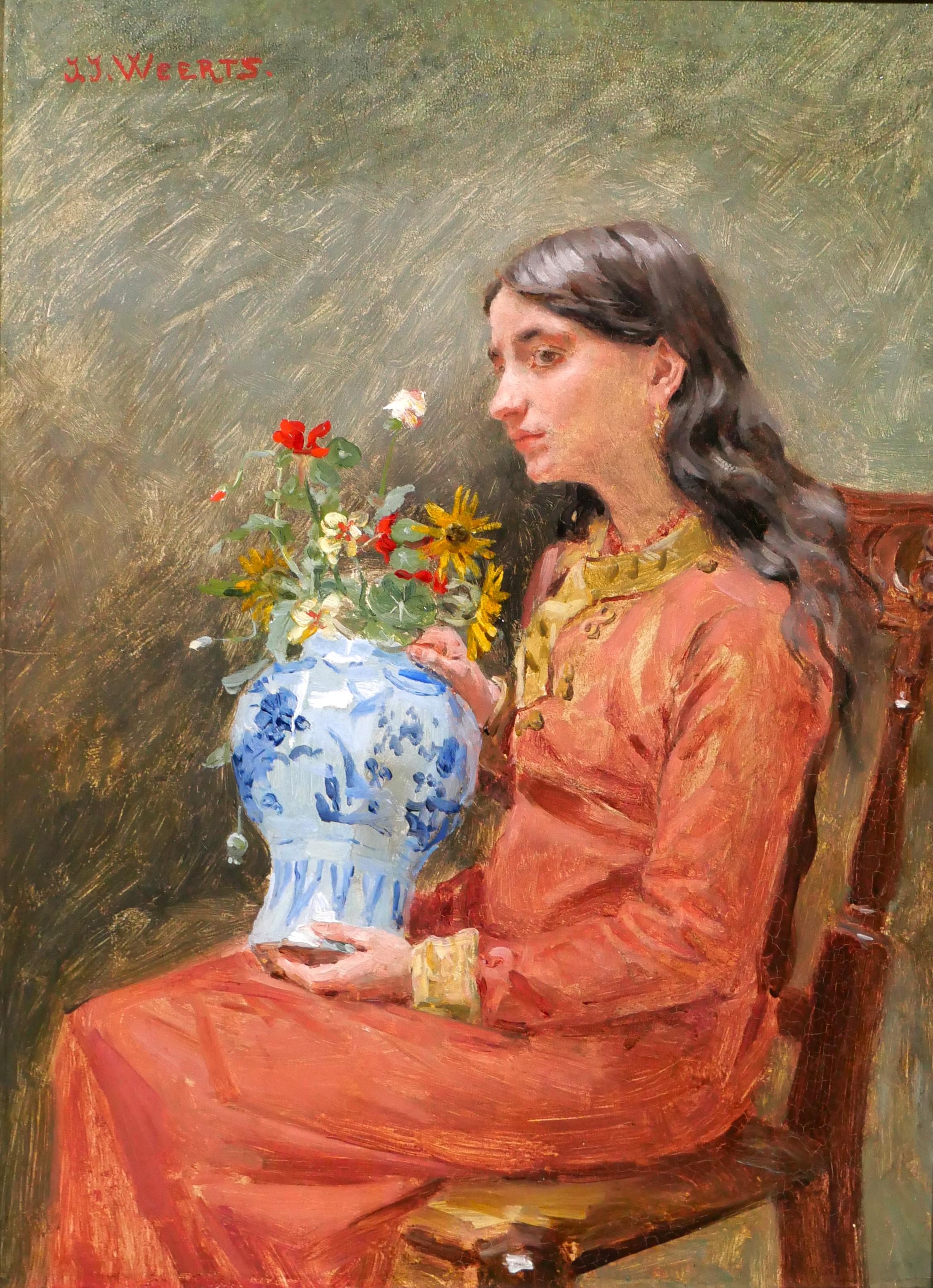 Portrait Painting Jean Joseph Weerts - Portrait d'une jeune femme - rêvez de la beauté éphémère