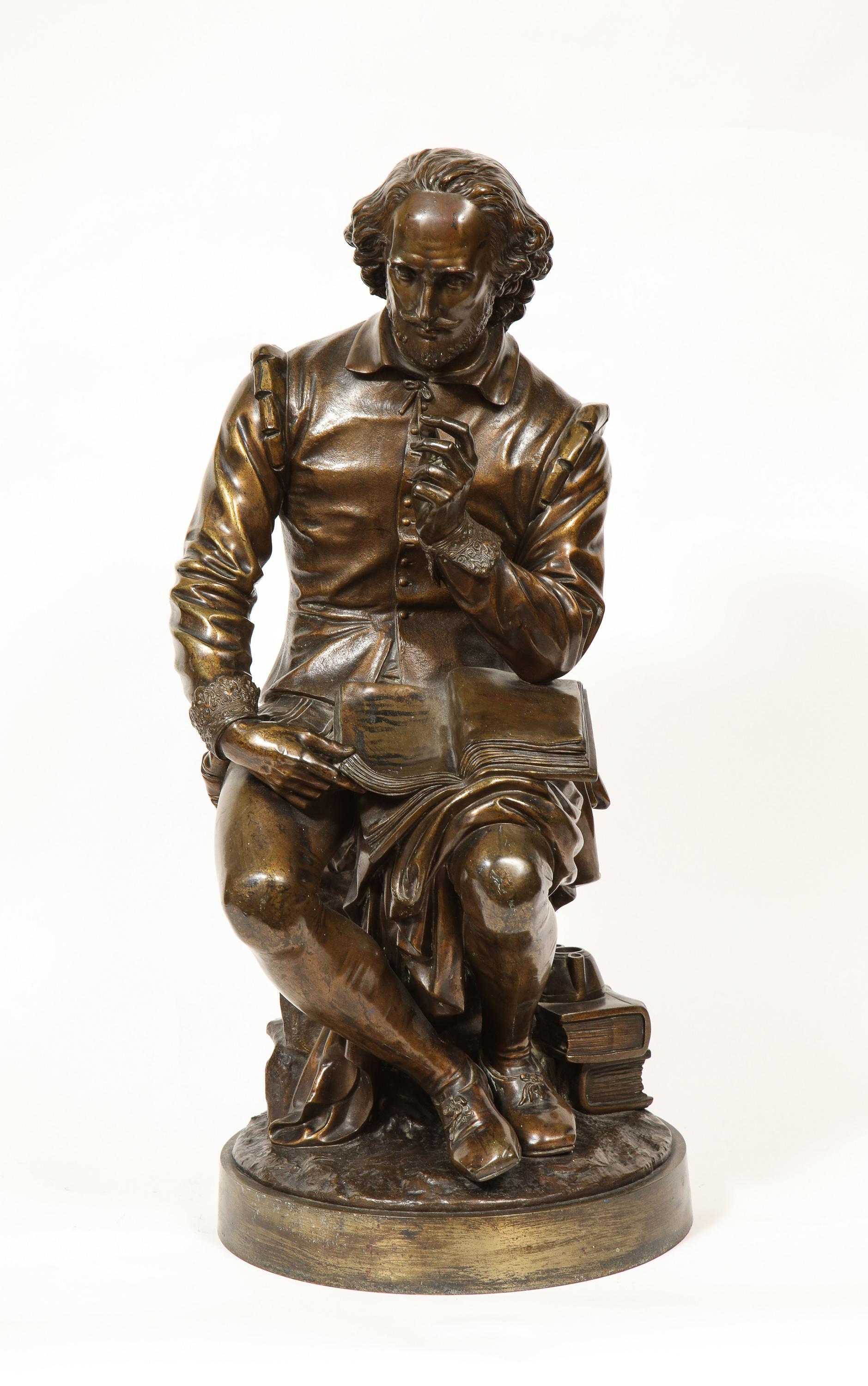 French Jean Jules B. Salmson Bronze Sculpture of William Shakespeare Seated with Books