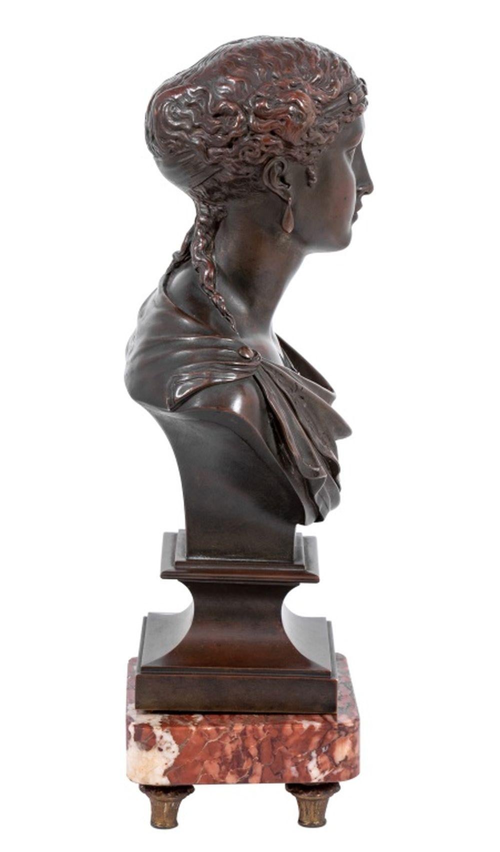 Jean Jules Salmson (French, 1823-1902) Greek Goddess, Patinated Bronze Bust, late 19th century, on a red marble base, signed 