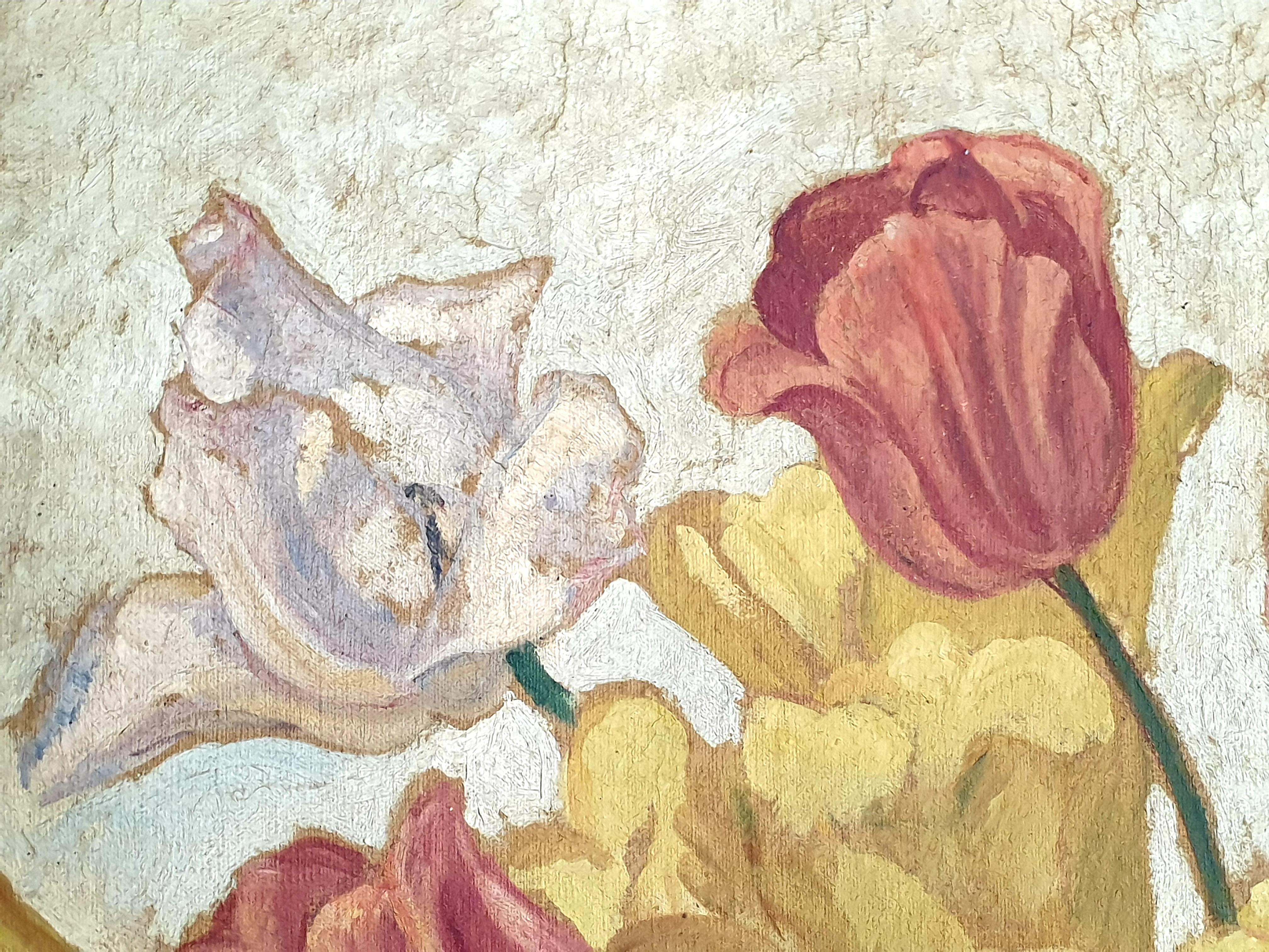Large Early 20th Century Oil on Canvas of Tulips Displayed in a Confit Jar. For Sale 7
