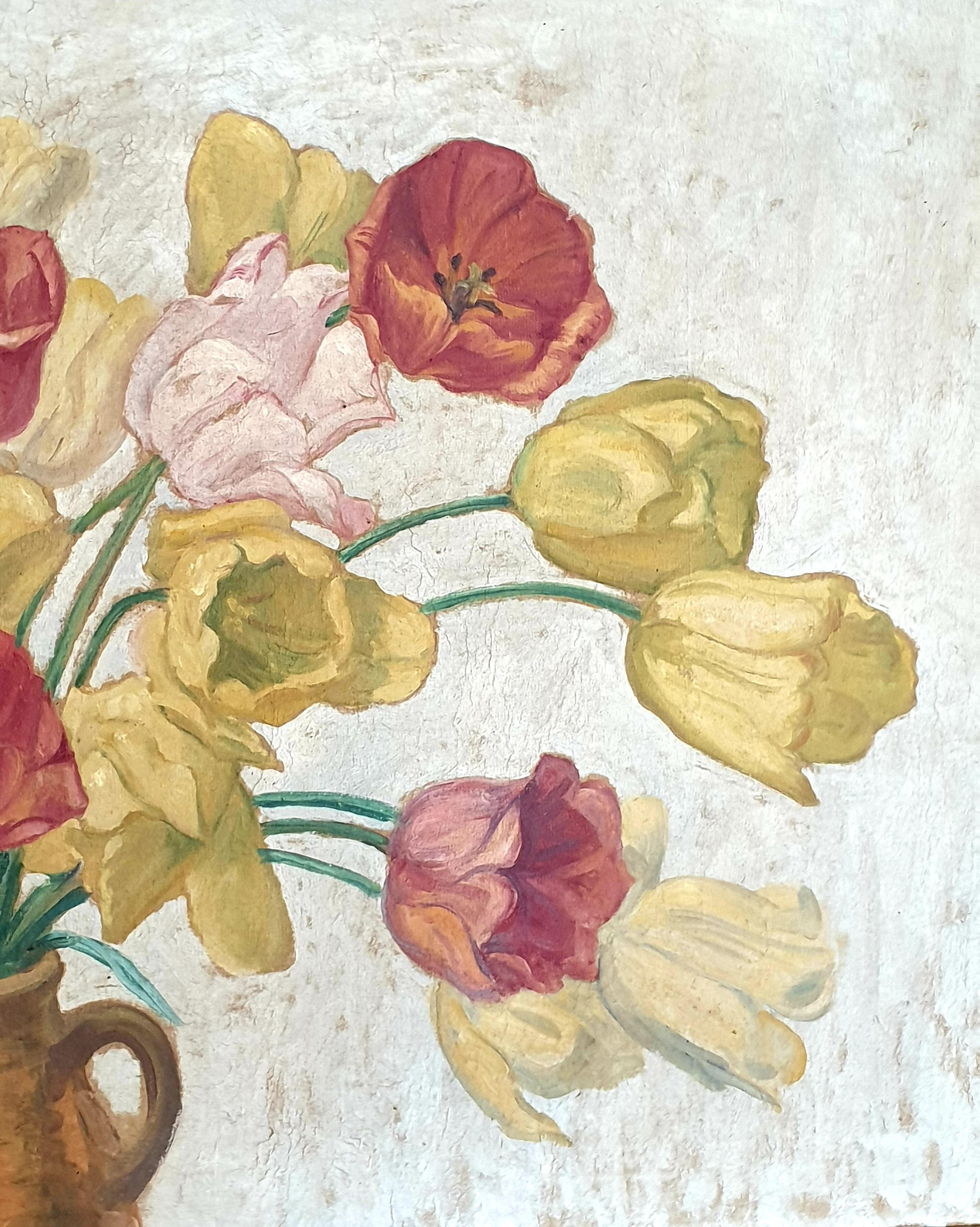Large Early 20th Century Oil on Canvas of Tulips Displayed in a Confit Jar. For Sale 8
