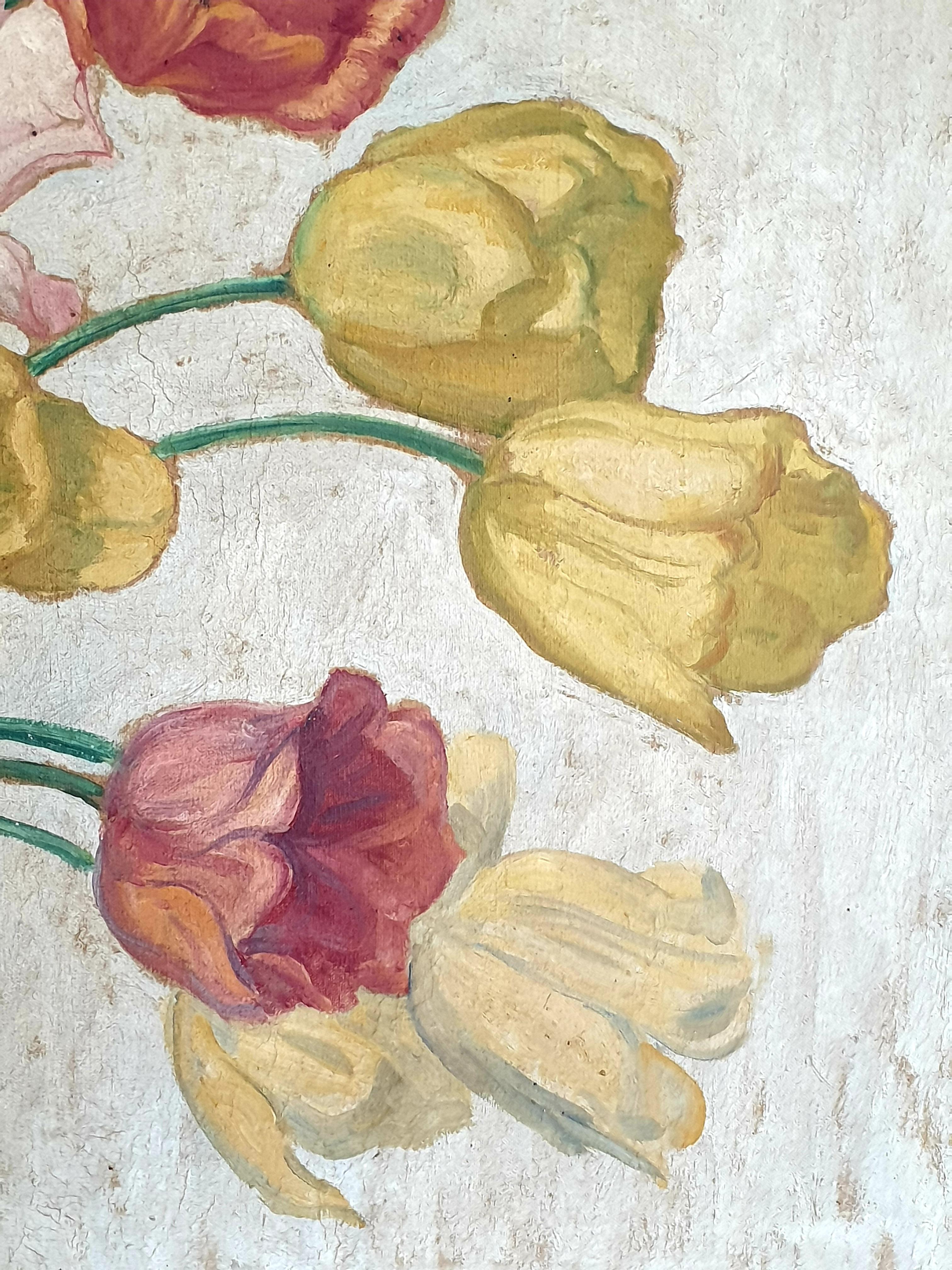 Large Early 20th Century Oil on Canvas of Tulips Displayed in a Confit Jar. For Sale 10
