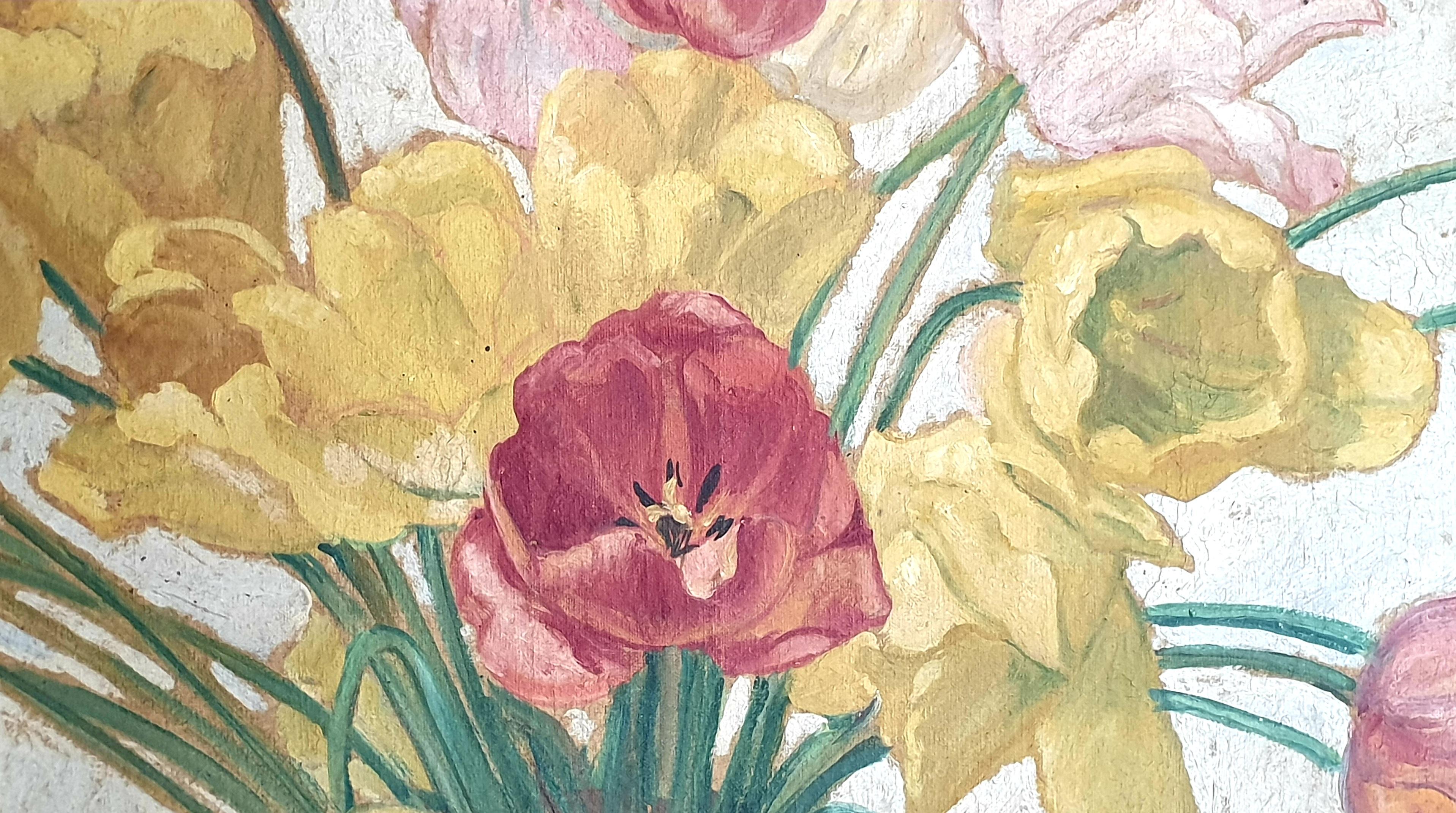 Large Early 20th Century Oil on Canvas of Tulips Displayed in a Confit Jar. For Sale 12