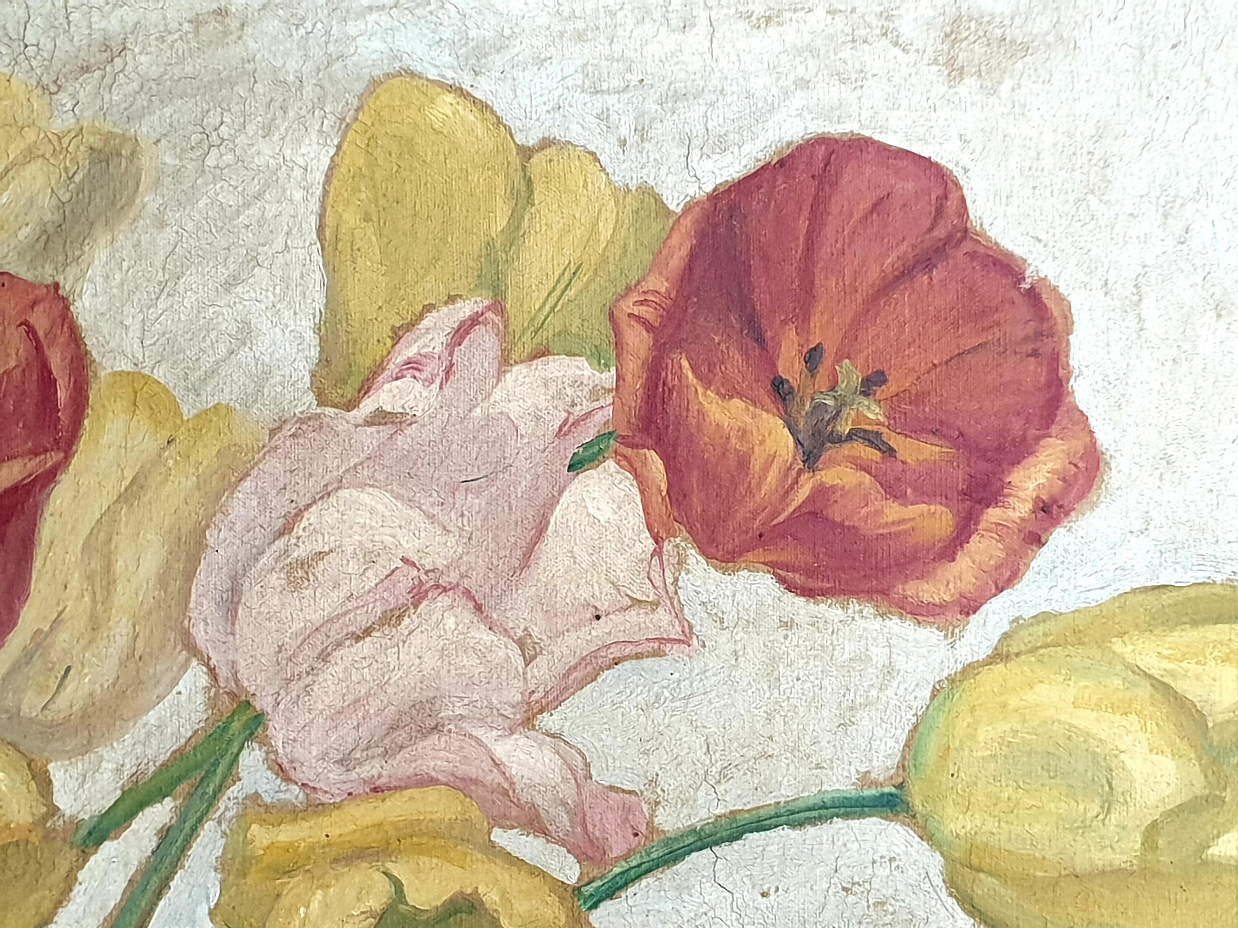 Large Early 20th Century Oil on Canvas of Tulips Displayed in a Confit Jar. For Sale 13
