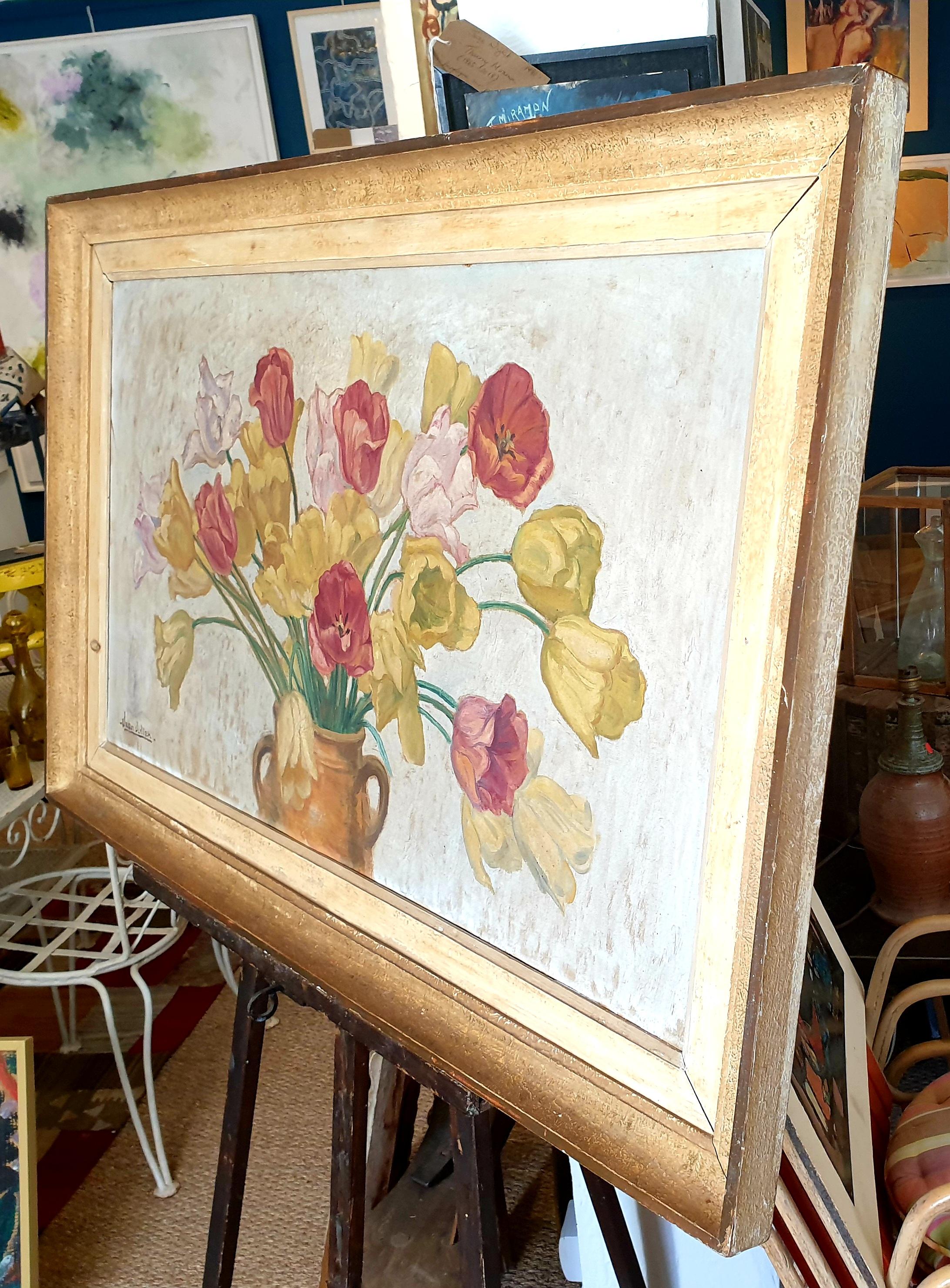 Large Early 20th Century Oil on Canvas of Tulips Displayed in a Confit Jar. For Sale 14