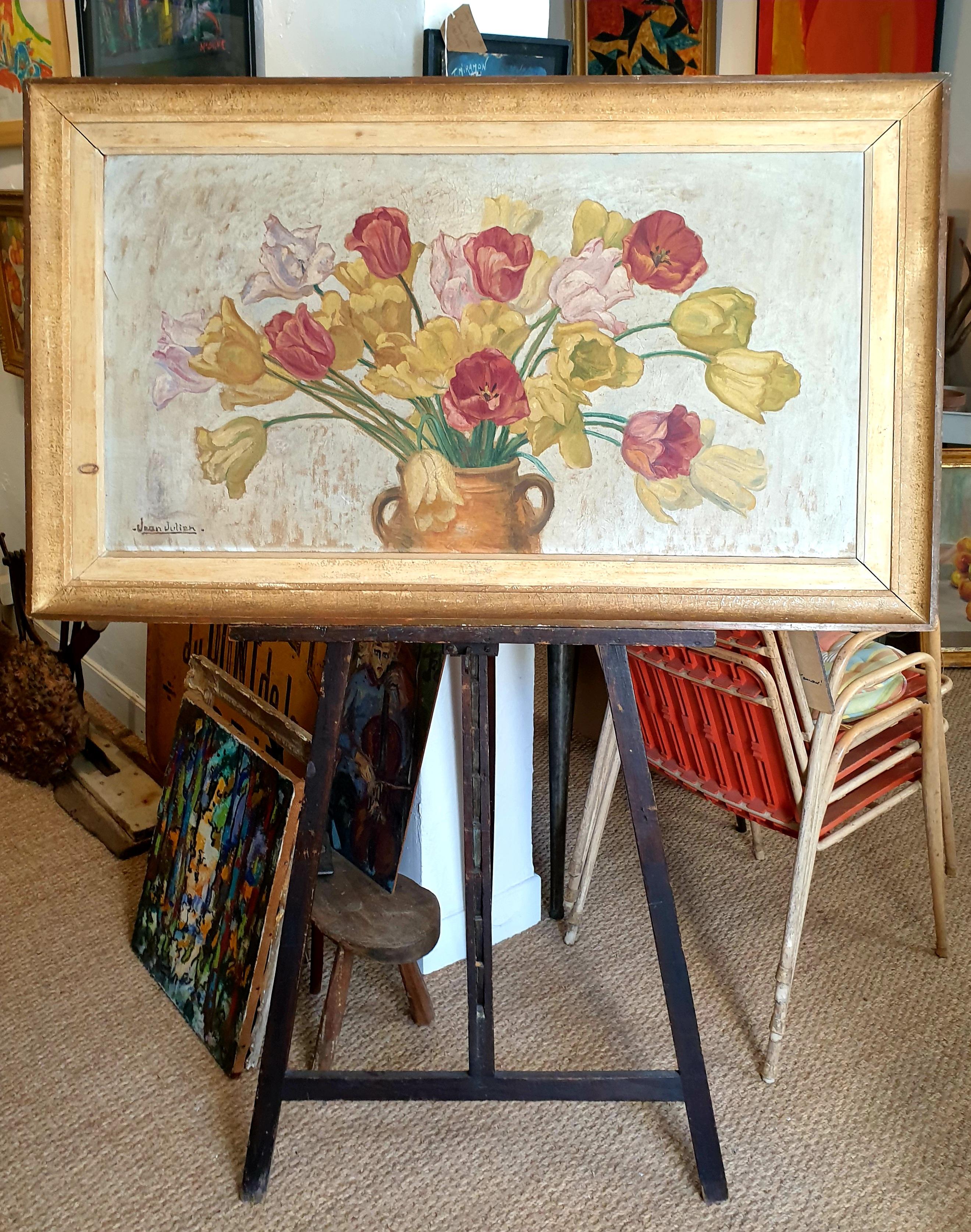 Large Early 20th Century Oil on Canvas of Tulips Displayed in a Confit Jar. For Sale 15