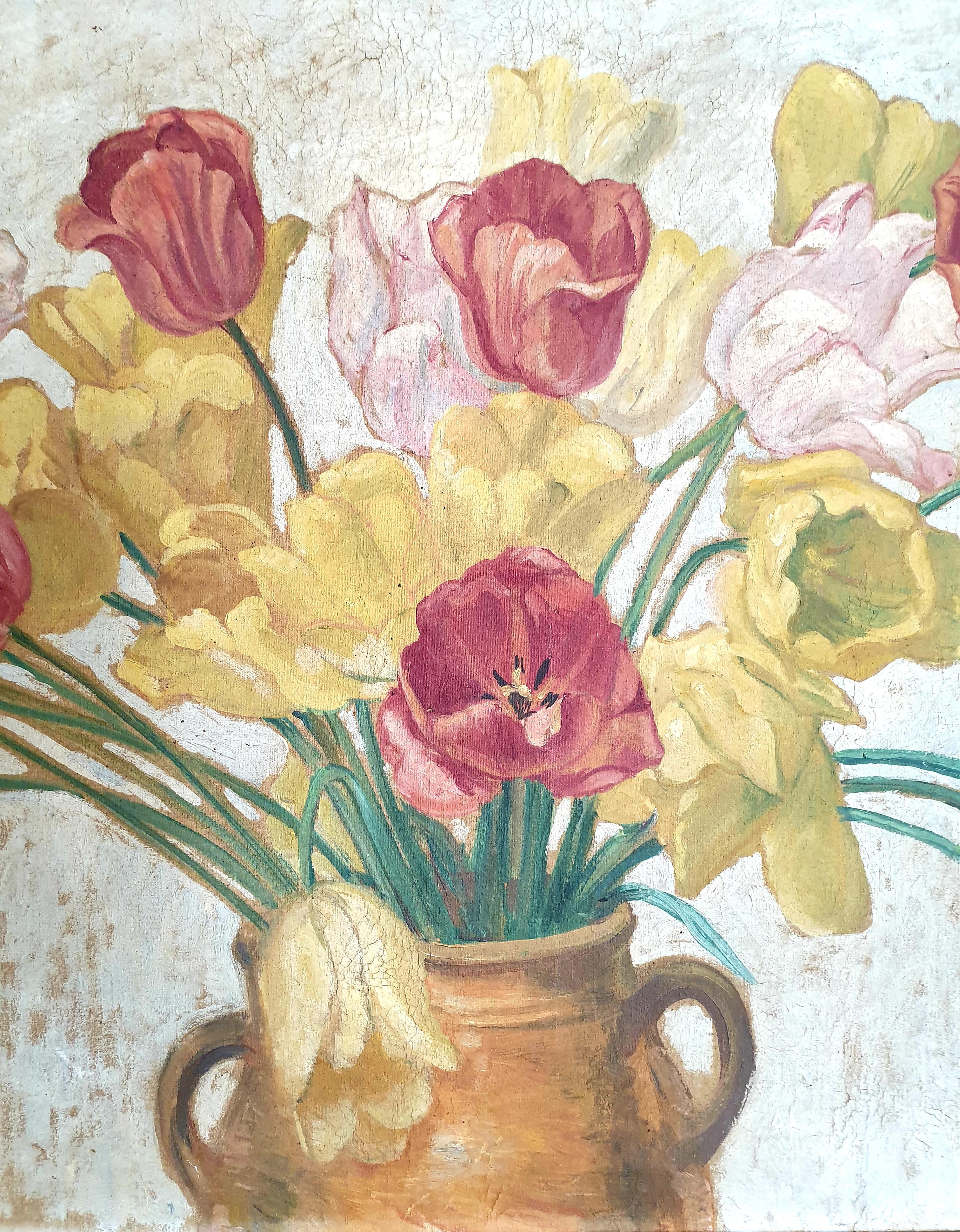 Large Early 20th Century Oil on Canvas of Tulips Displayed in a Confit Jar. For Sale 1