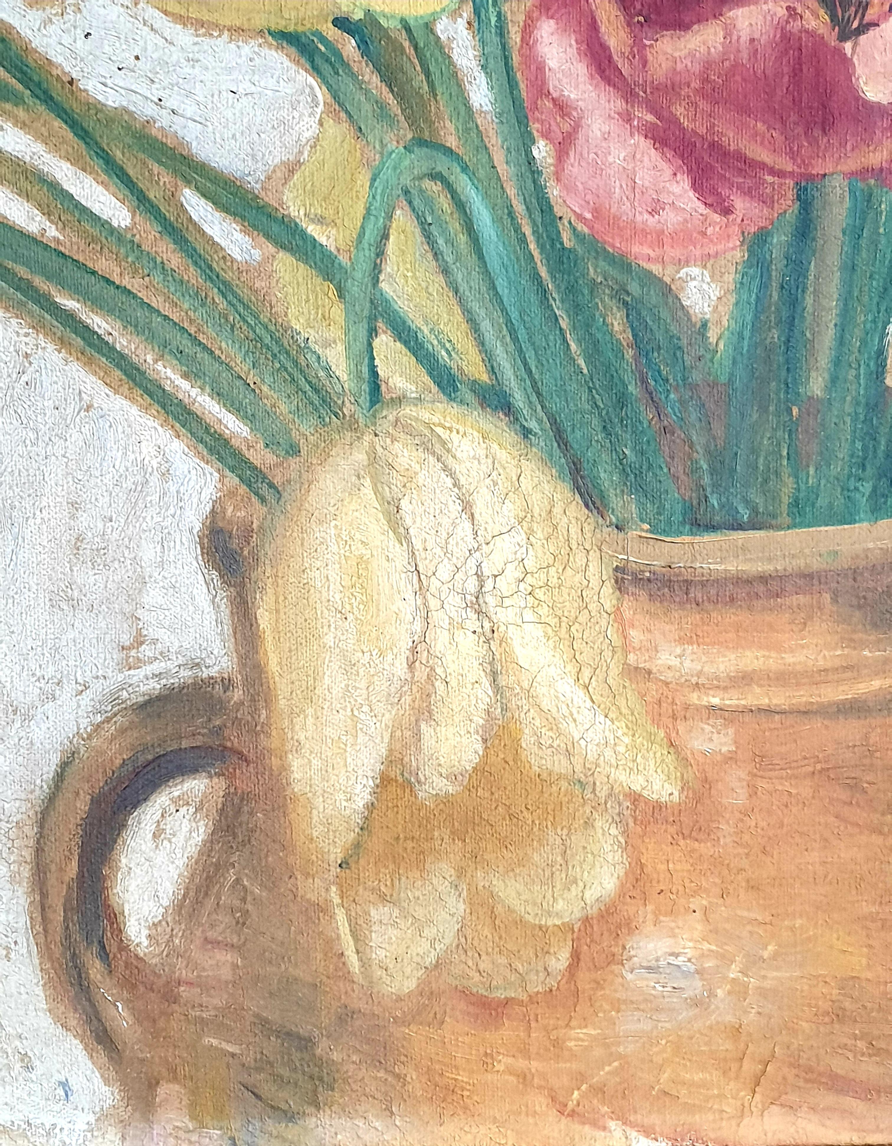 Large Early 20th Century Oil on Canvas of Tulips Displayed in a Confit Jar. For Sale 2