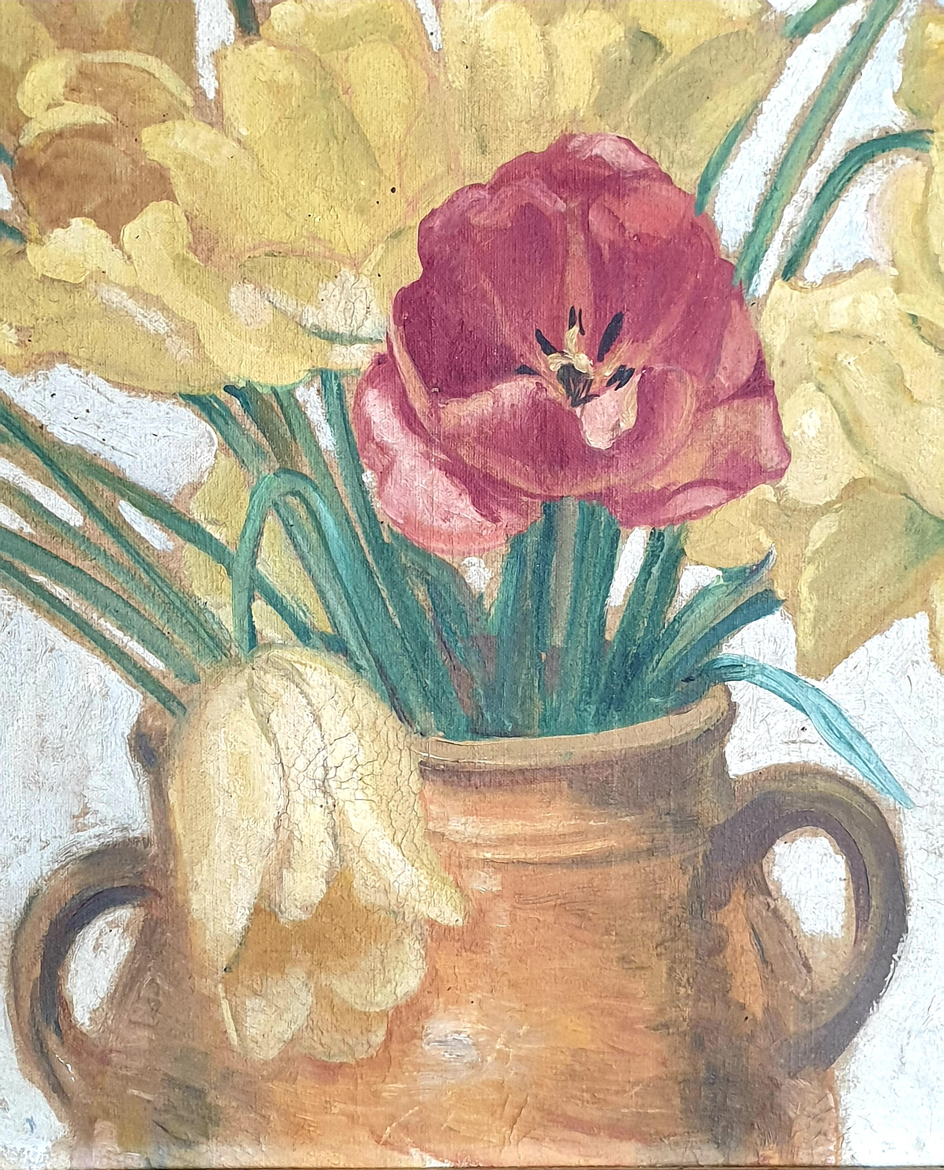 Large Early 20th Century Oil on Canvas of Tulips Displayed in a Confit Jar. For Sale 3