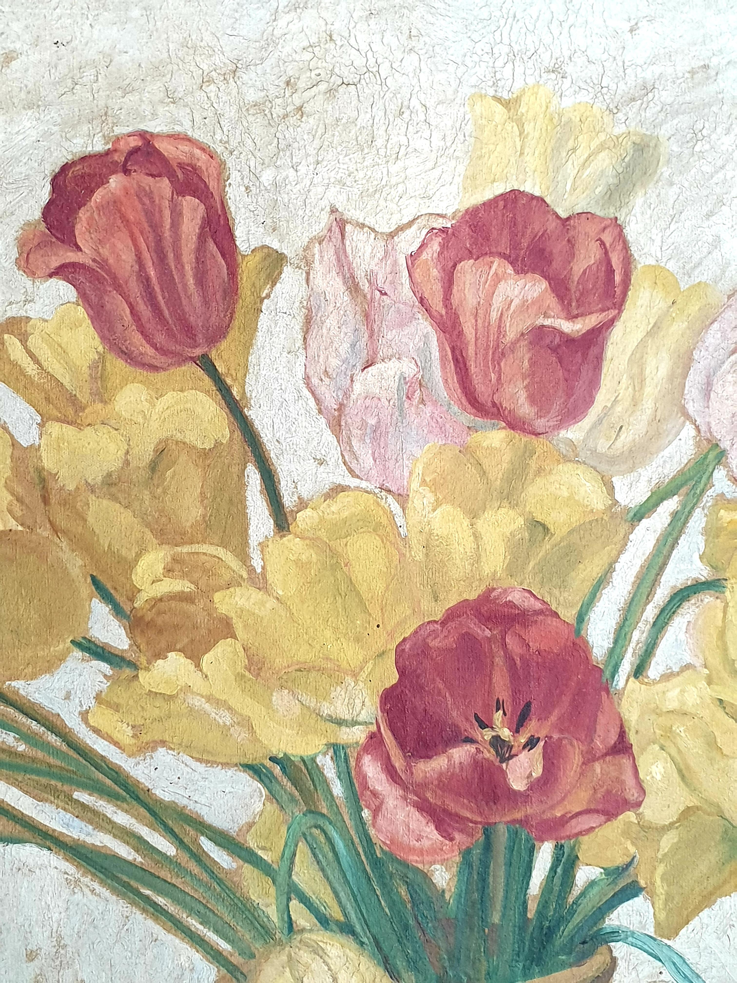 Large Early 20th Century Oil on Canvas of Tulips Displayed in a Confit Jar. For Sale 4