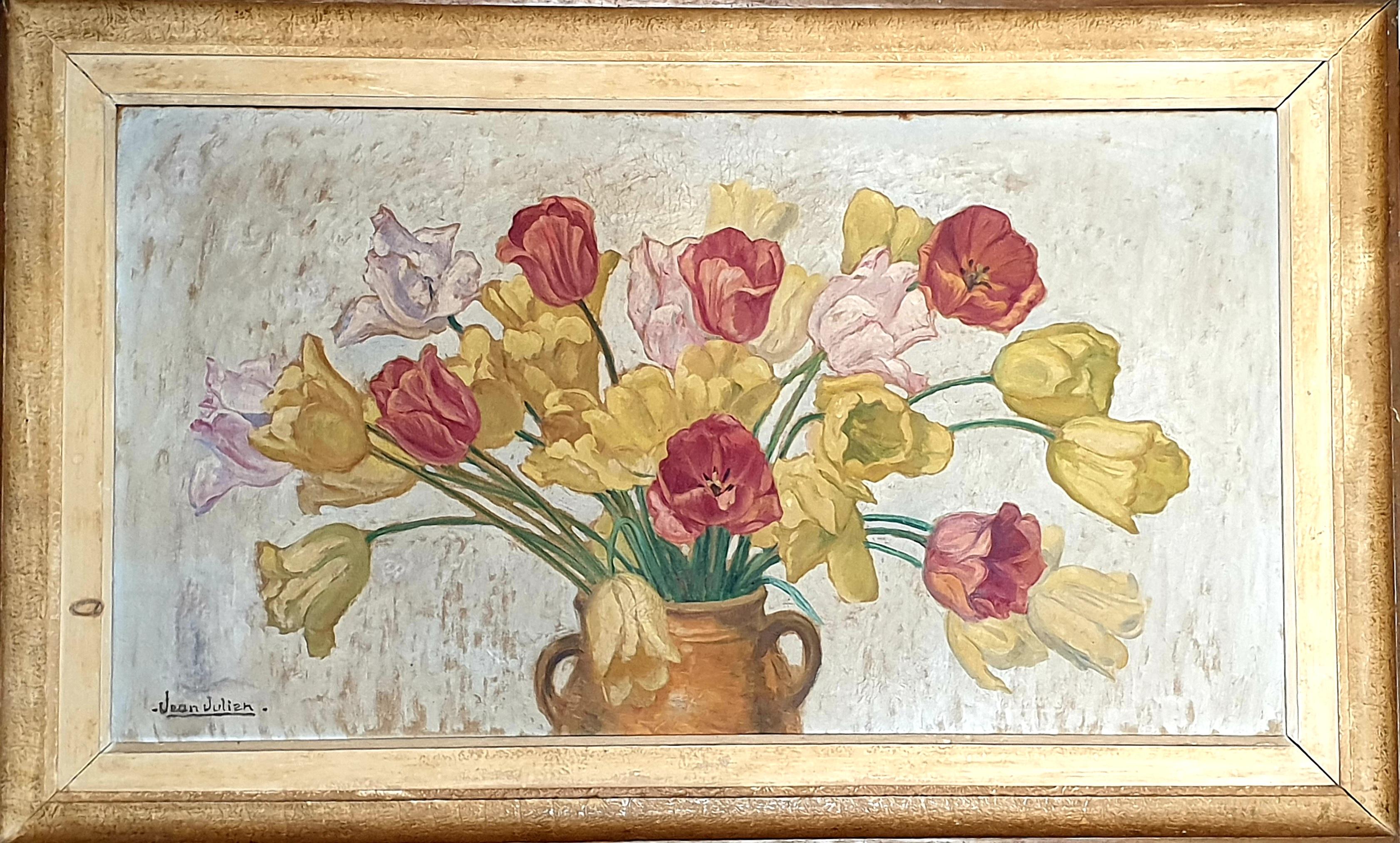 Jean Julien Interior Painting - Large Early 20th Century Oil on Canvas of Tulips Displayed in a Confit Jar.