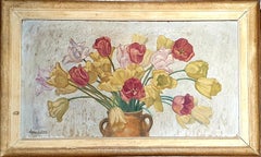 Large Early 20th Century Oil on Canvas of Tulips Displayed in a Confit Jar.
