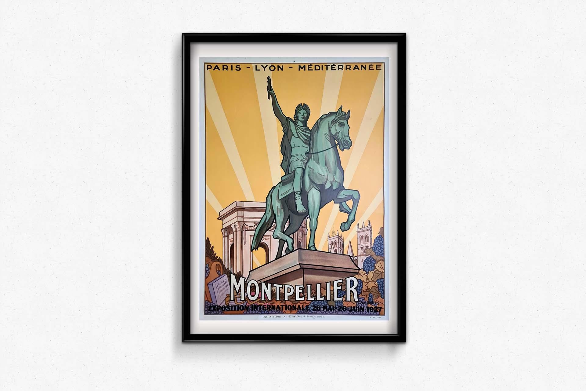 The 1927 original poster by Jean Julien for the Exposition Internationale Montpellier 1927, sponsored by Paris Lyon Méditerranée (PLM), presents a captivating blend of artistry and promotional messaging. Crafted to promote the exposition, the poster