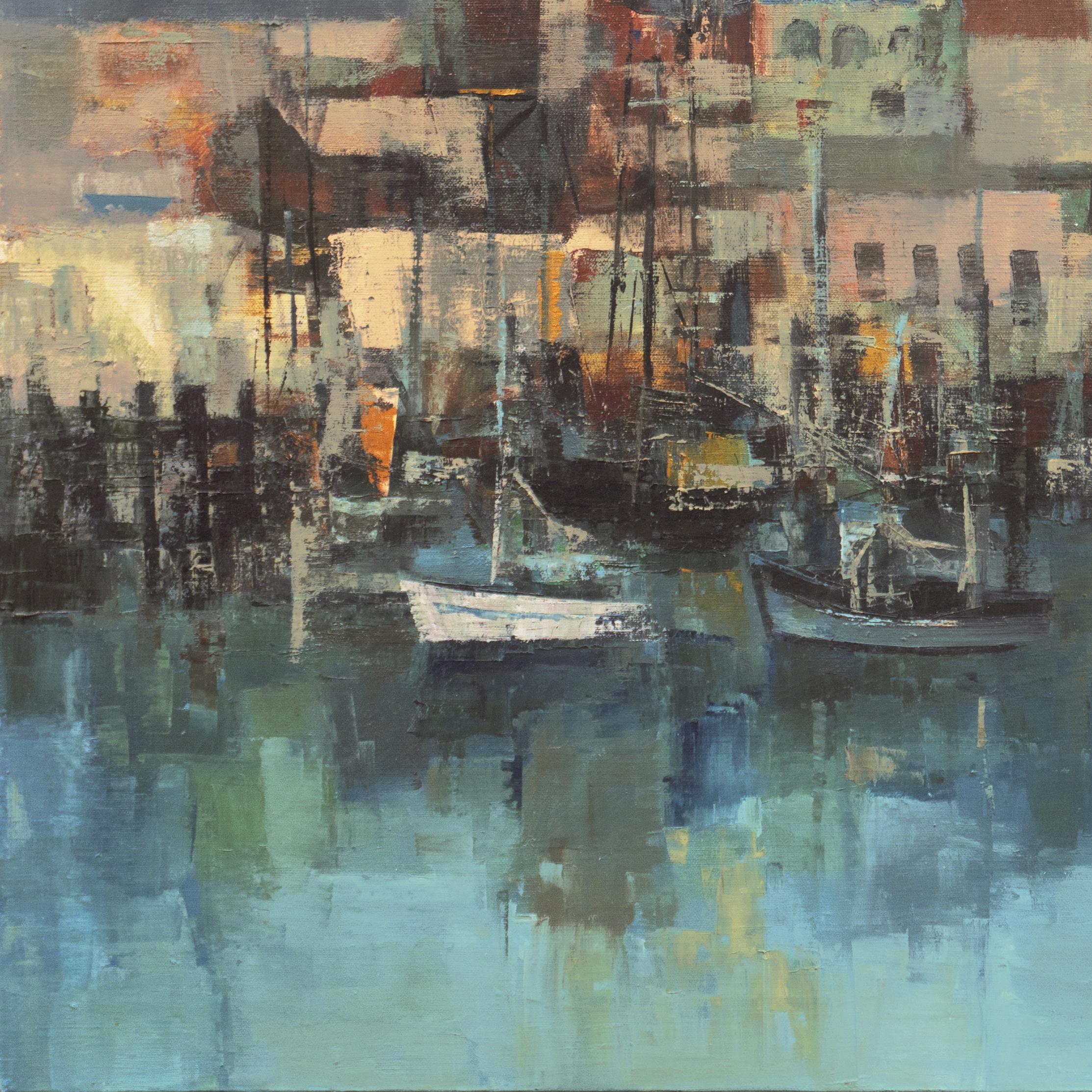 'Edge Water', San Francisco, Bay Area Harbor Scene, Woman Artist, Tokyo, Japan - Gray Landscape Painting by Jean Kalisch