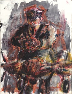 Abstract Expressionist Tempera on Paper Figurative -- The Pilot and His Plane