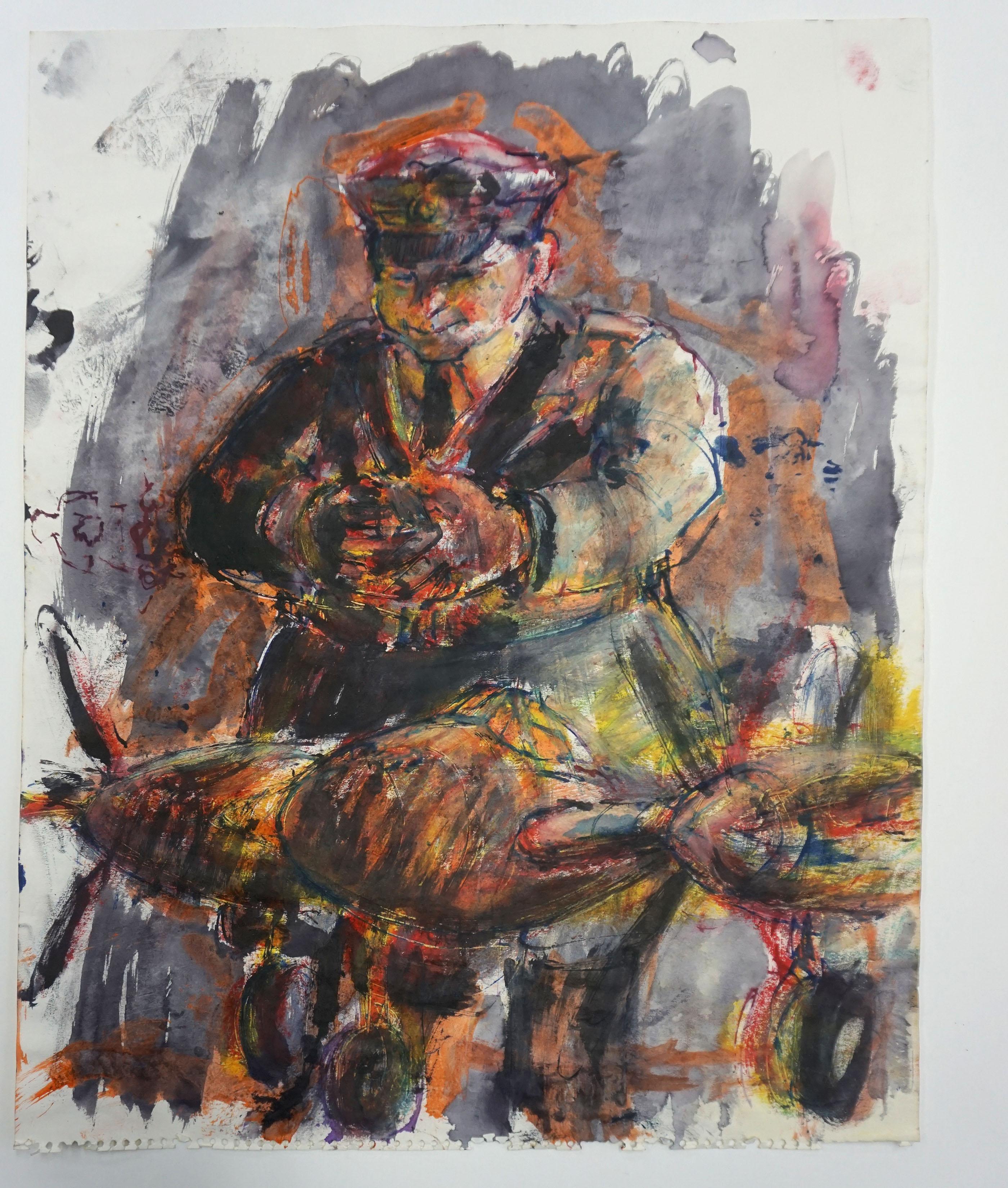 Abstract Expressionist Tempera on Paper Figurative -- The Pilot and His Plane For Sale 2