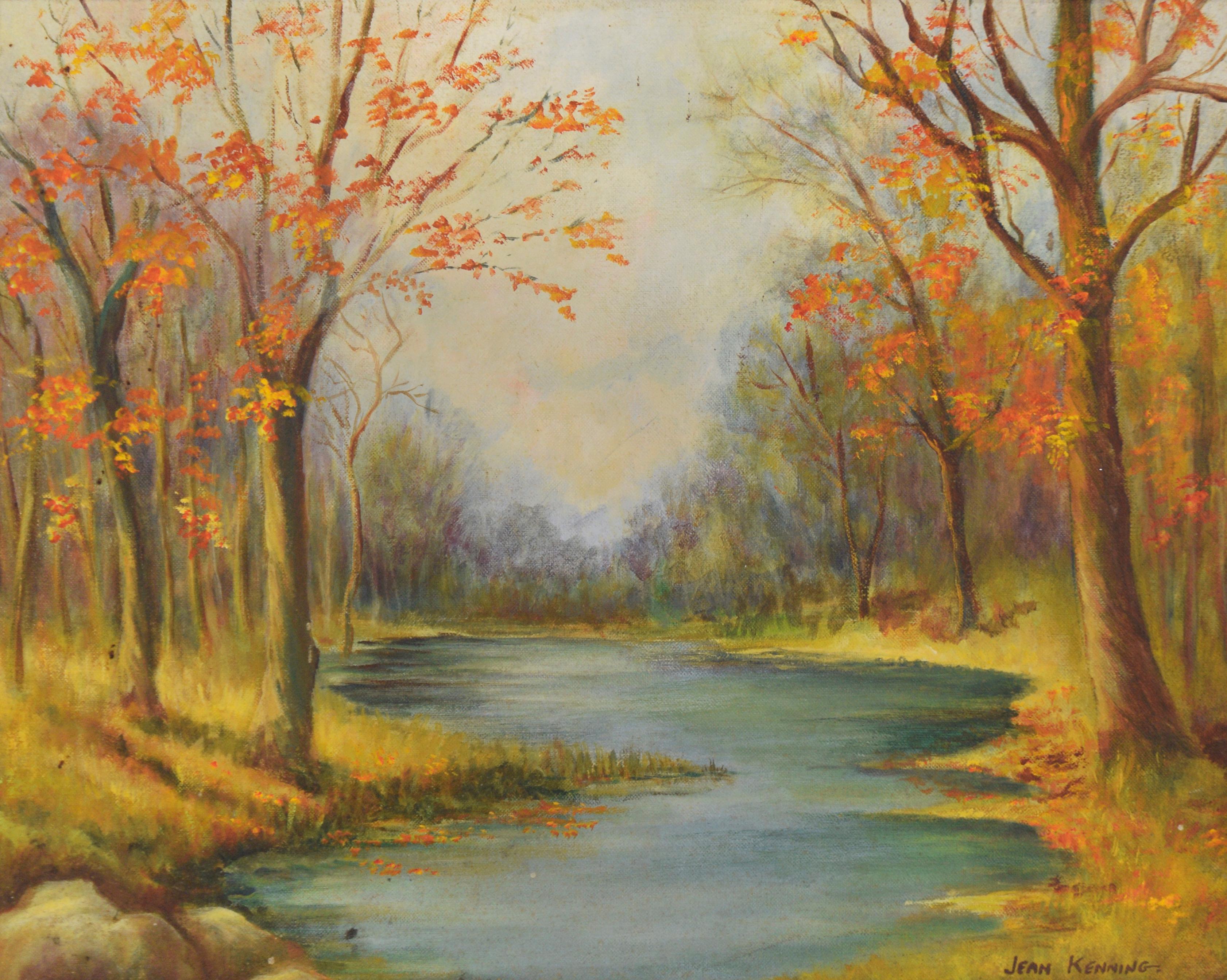 Autumn Stream, paysage à l'huile original de 1973 - Painting de Jean Kenning