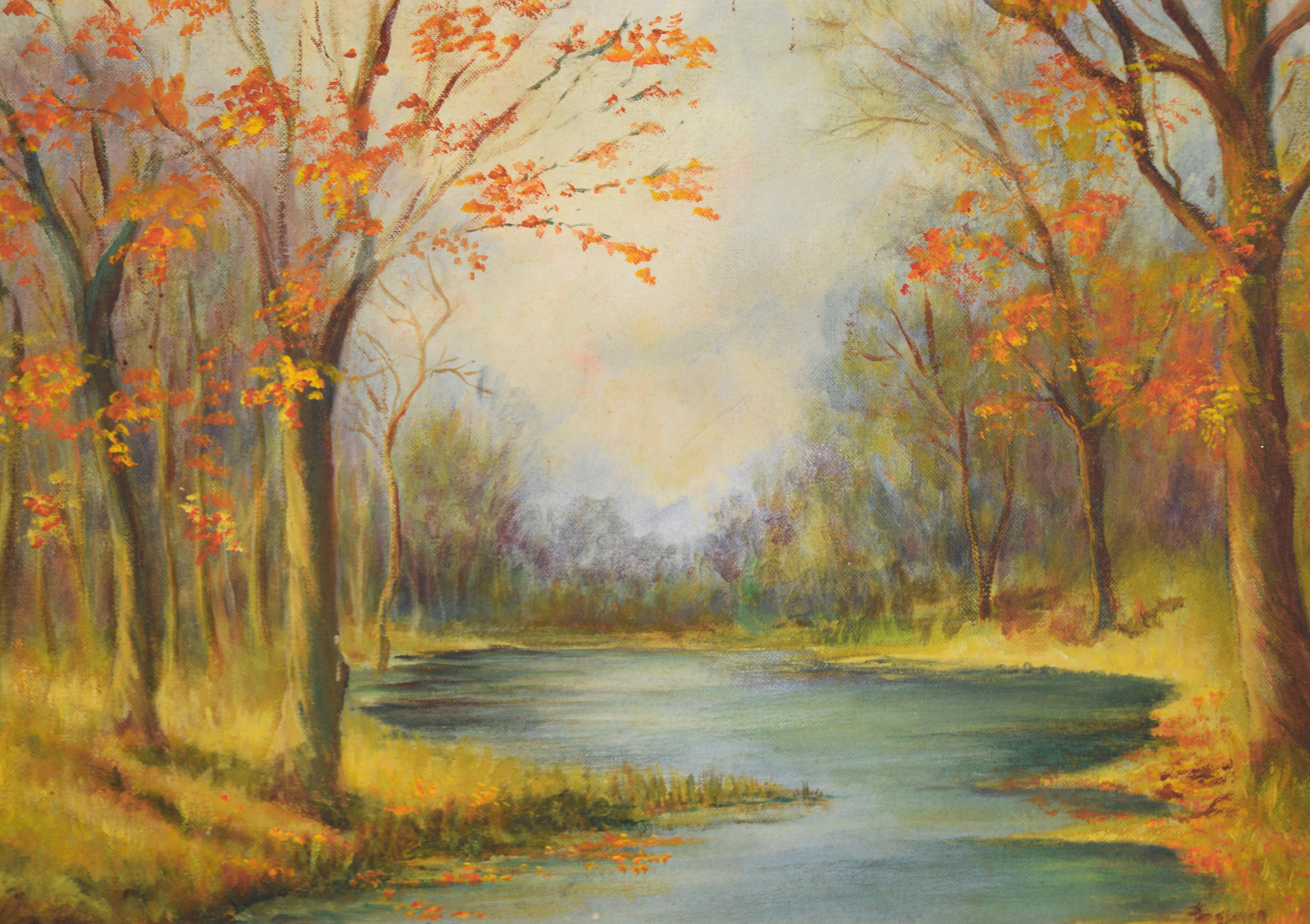 Autumn Stream - Original 1973 Oil Landscape - American Impressionist Painting by Jean Kenning