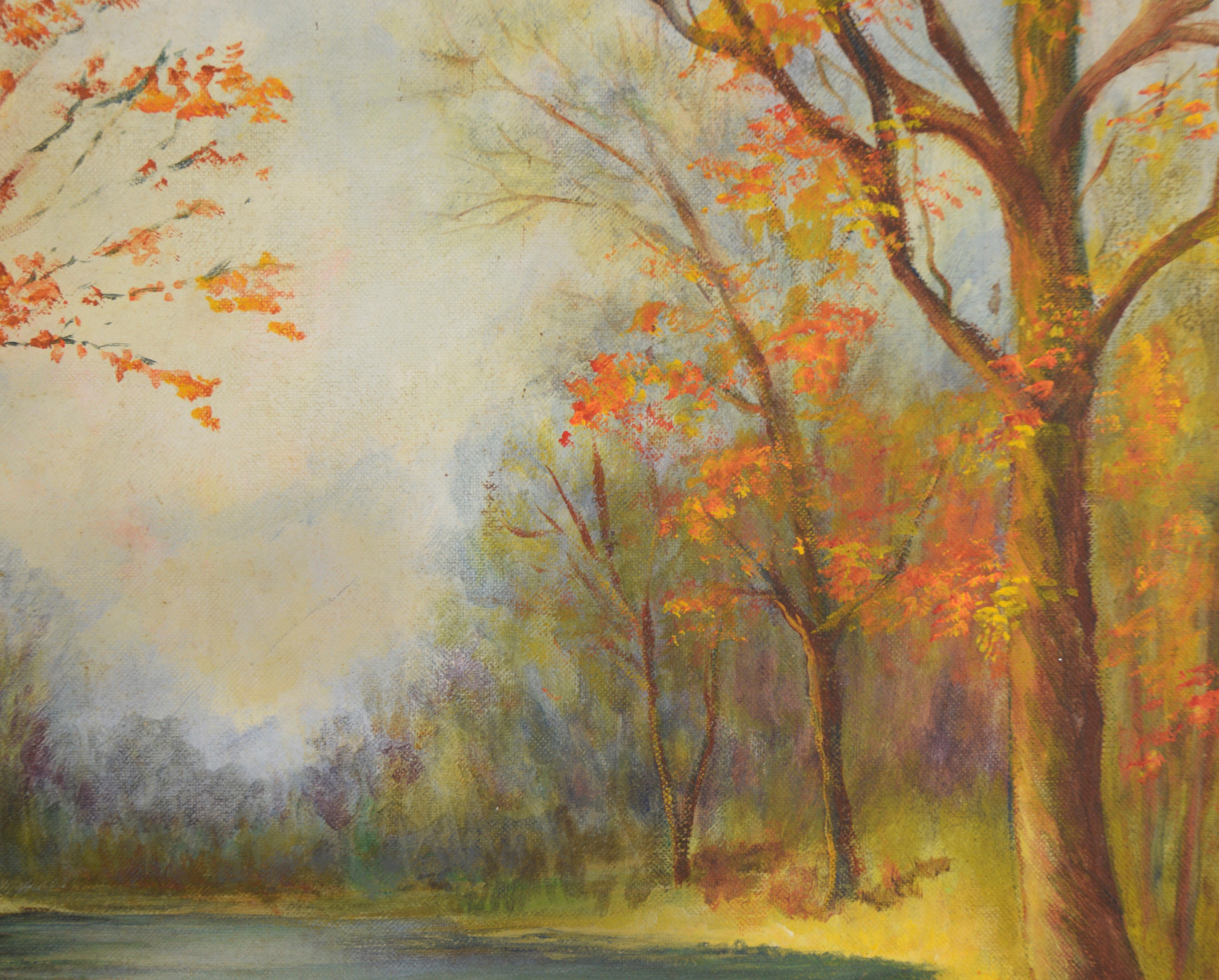 Autumn Stream, paysage à l'huile original de 1973

Peinture impressionniste originale de 1973 représentant un ruisseau tranquille dans une forêt d'automne, réalisée par Jean Kenning.  (Angleterre/Canada, 1916-2004).  Jean était une artiste accomplie