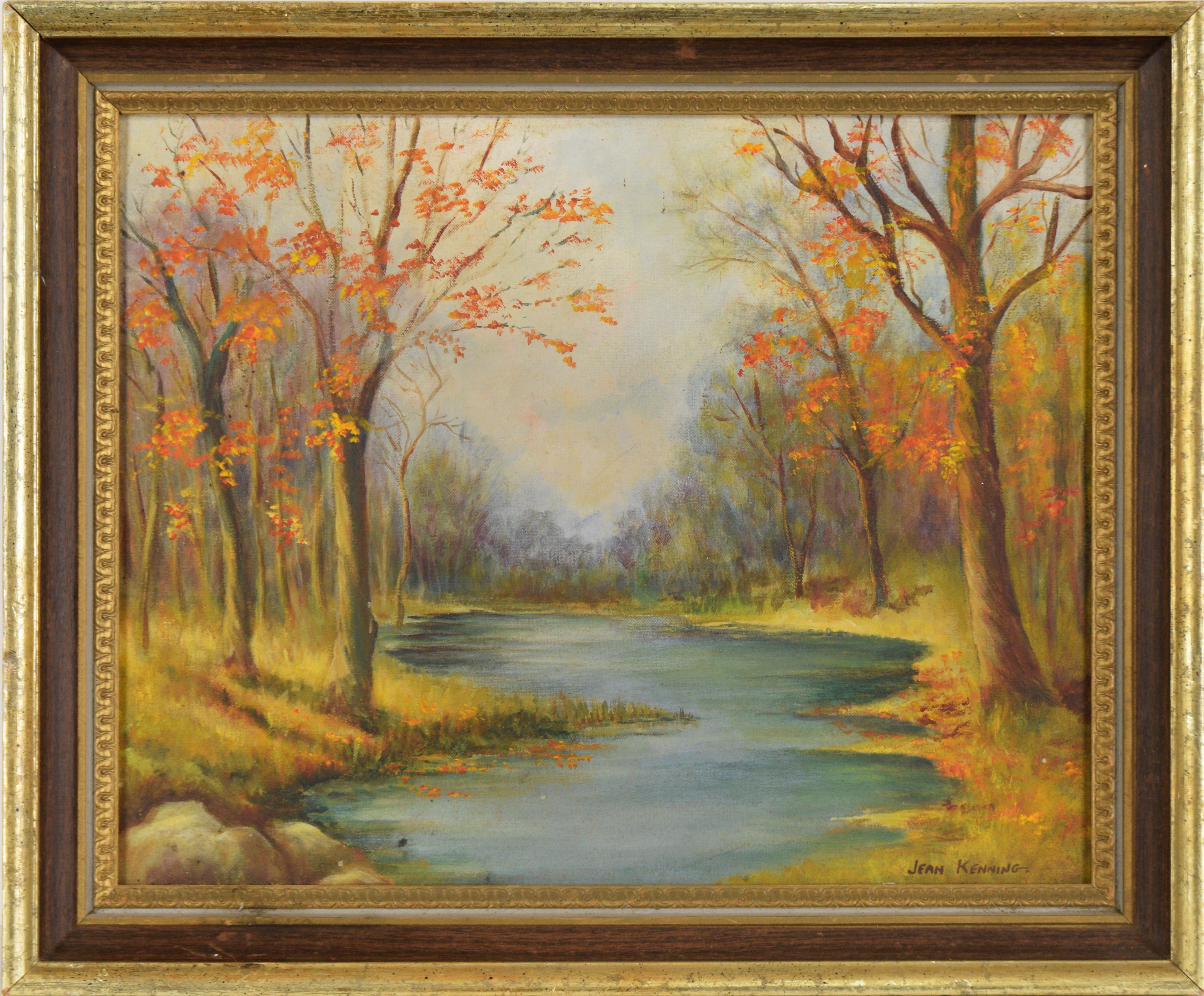 Landscape Painting Jean Kenning - Autumn Stream, paysage à l'huile original de 1973