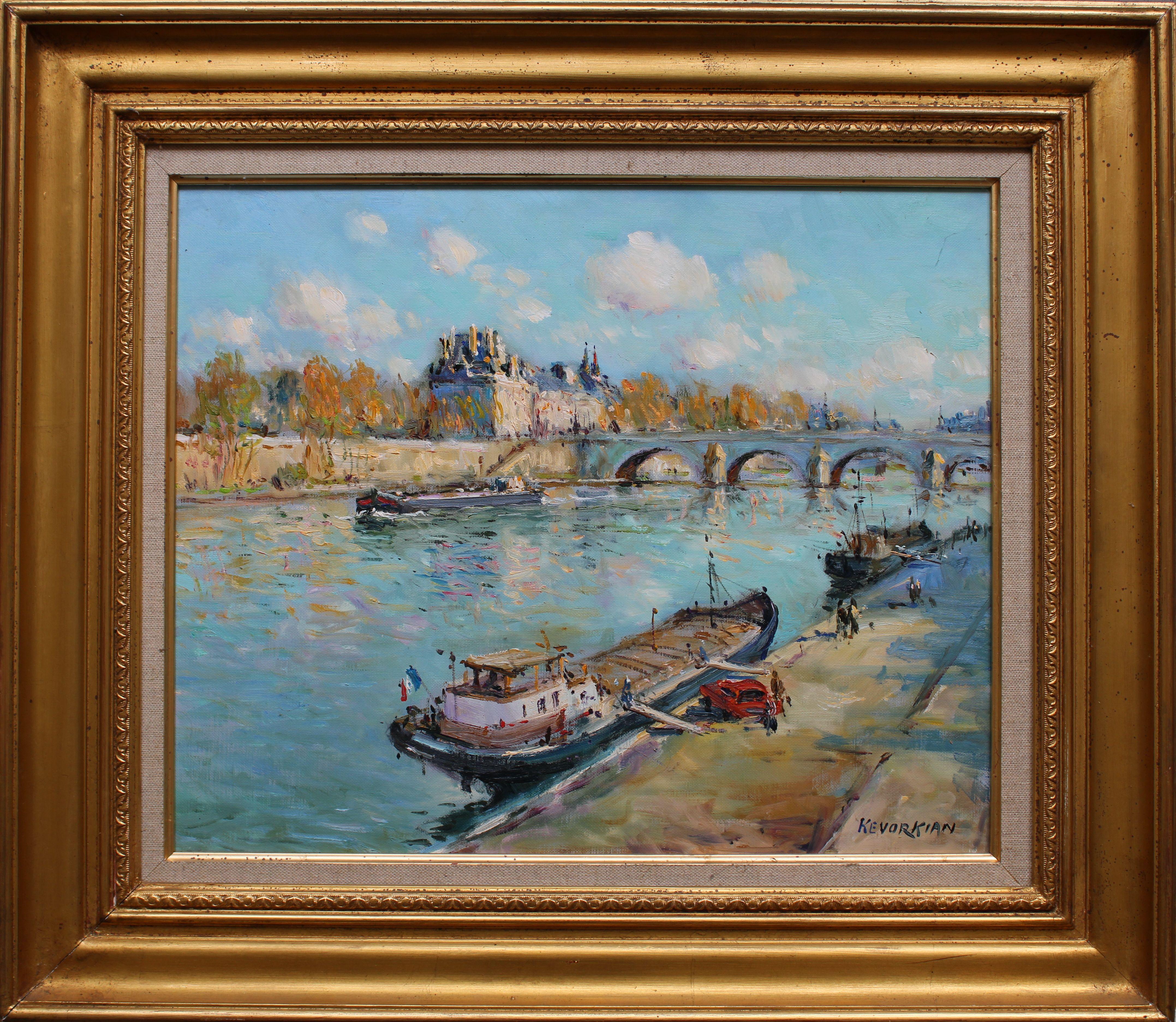 La seine à Paris. Oil on canvas, 38x46.5 cm - Painting by JEAN KEVORKIAN