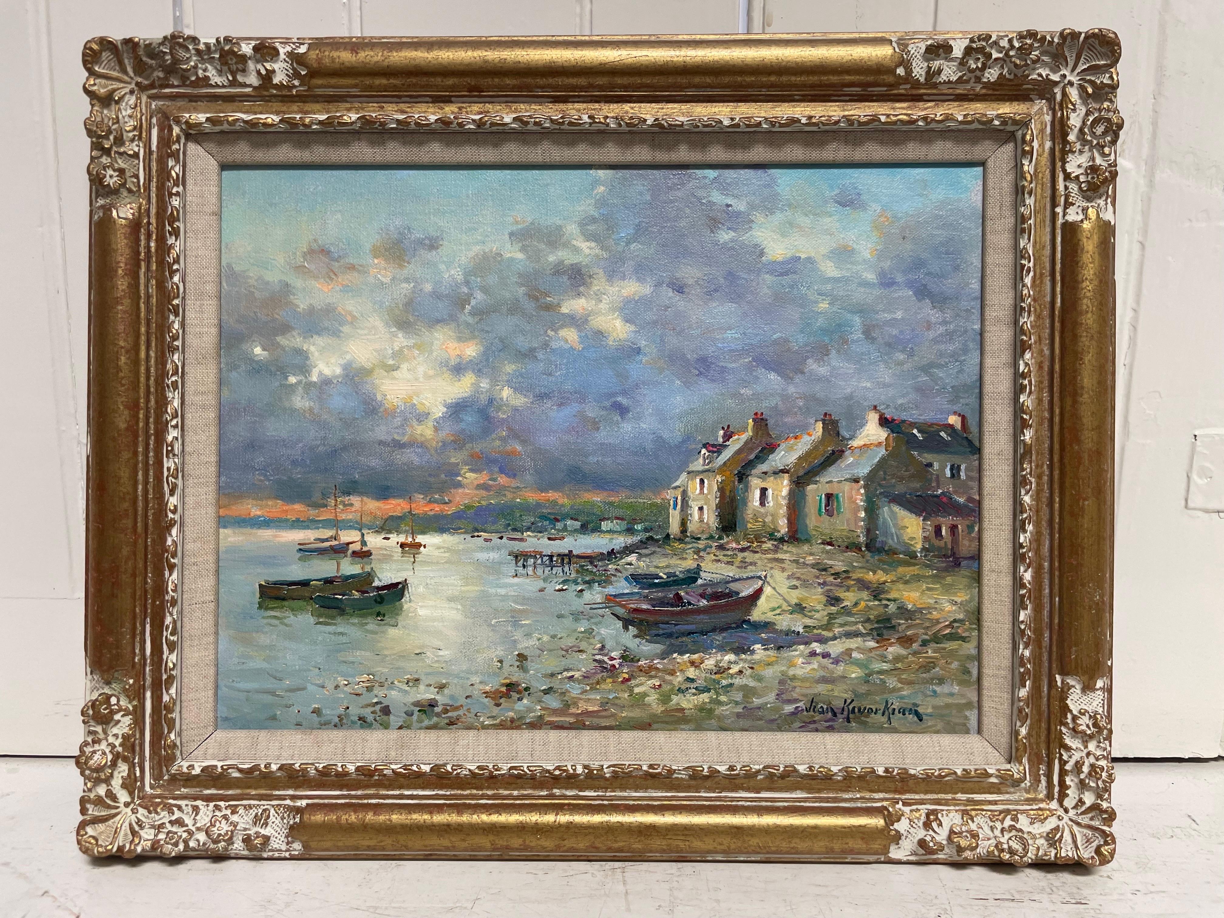 Superb French Impressionist Signed Oil Painting Brittany Boats Coastline Sunset For Sale 4