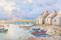 Espléndido Óleo Impresionista Francés Firmado Bretaña Barcos Costa Puesta de Sol