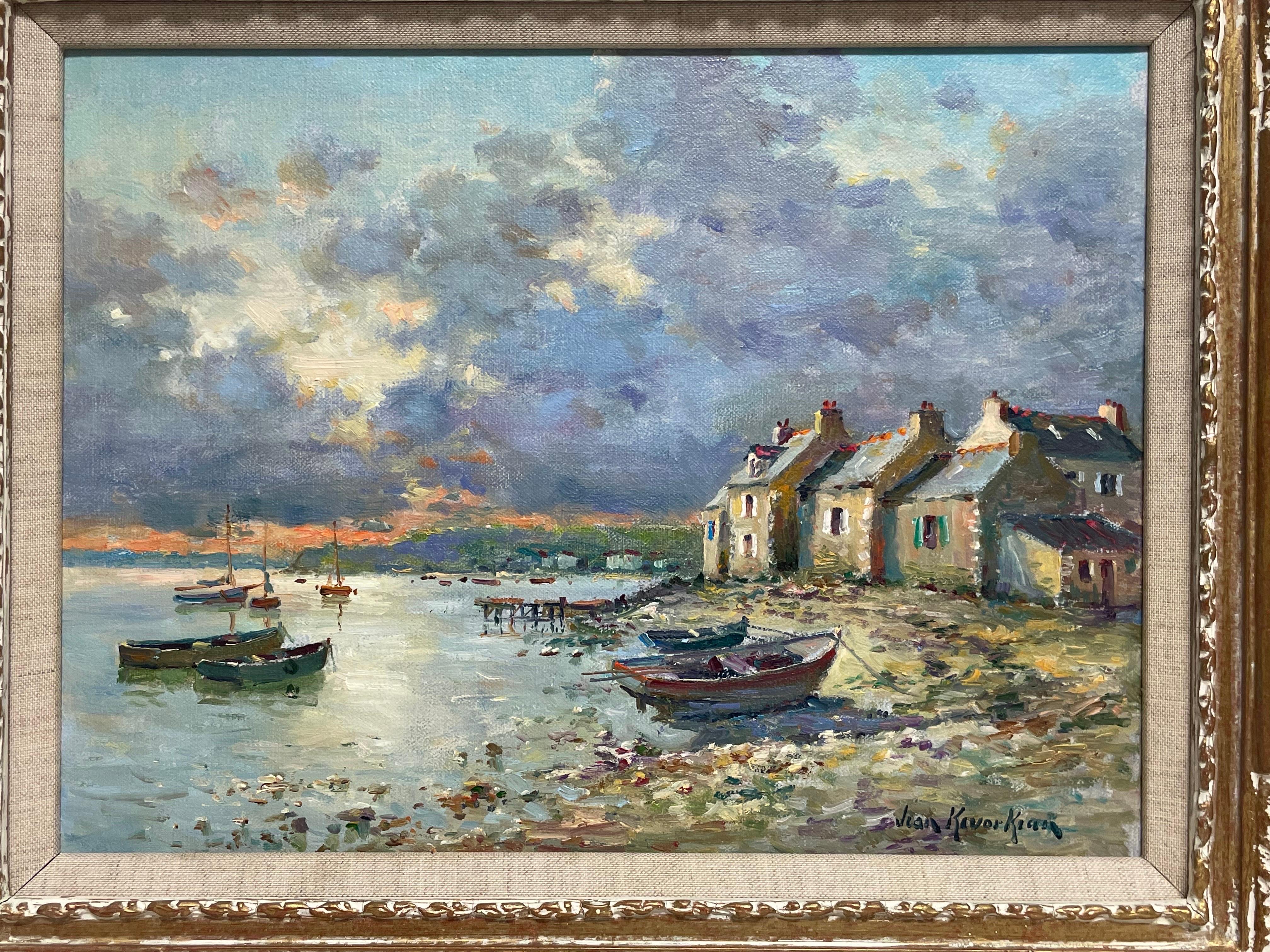 Superb French Impressionist Signed Oil Painting Brittany Boats Coastline Sunset - Beige Still-Life Painting by JEAN KEVORKIAN