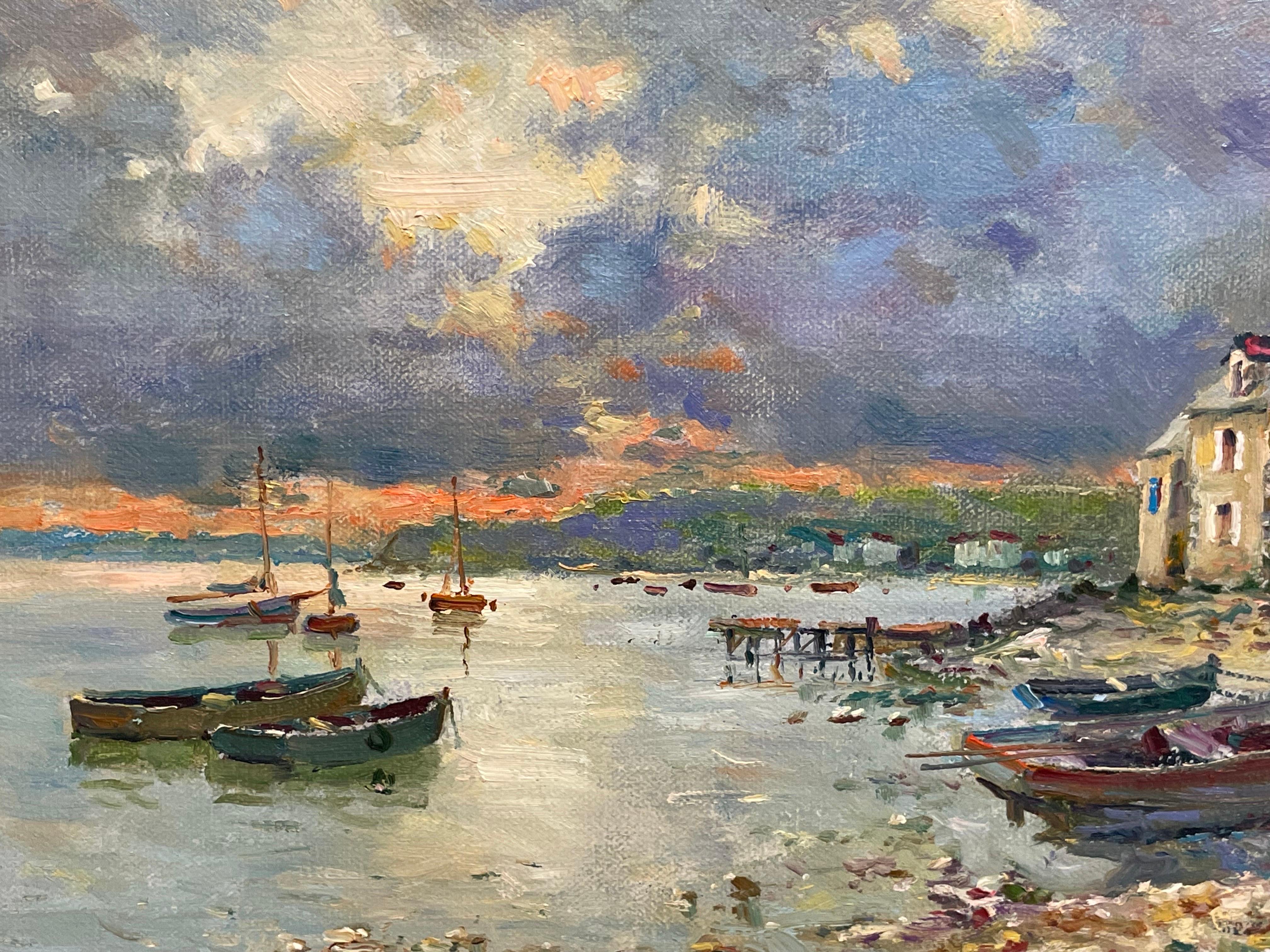 Superb French Impressionist Signed Oil Painting Brittany Boats Coastline Sunset For Sale 2