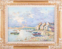 Superbe peinture à l'huile impressionniste française signée Bretagne Bateaux Littoral Coucher de Soleil