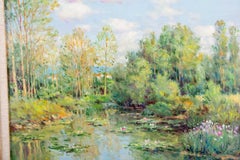 Superbe peinture à l'huile impressionniste française signée de Nympheas d'un étang aquatique