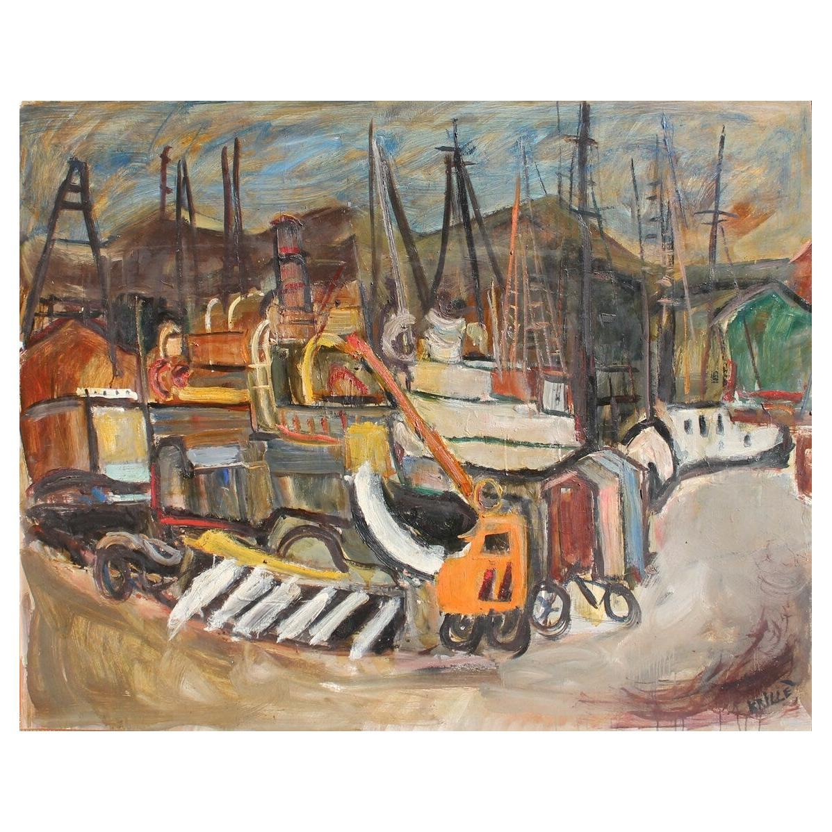 Jean Krille (1923-1991). Grande peinture à l'huile originale, signée/datée (136x104cm) 