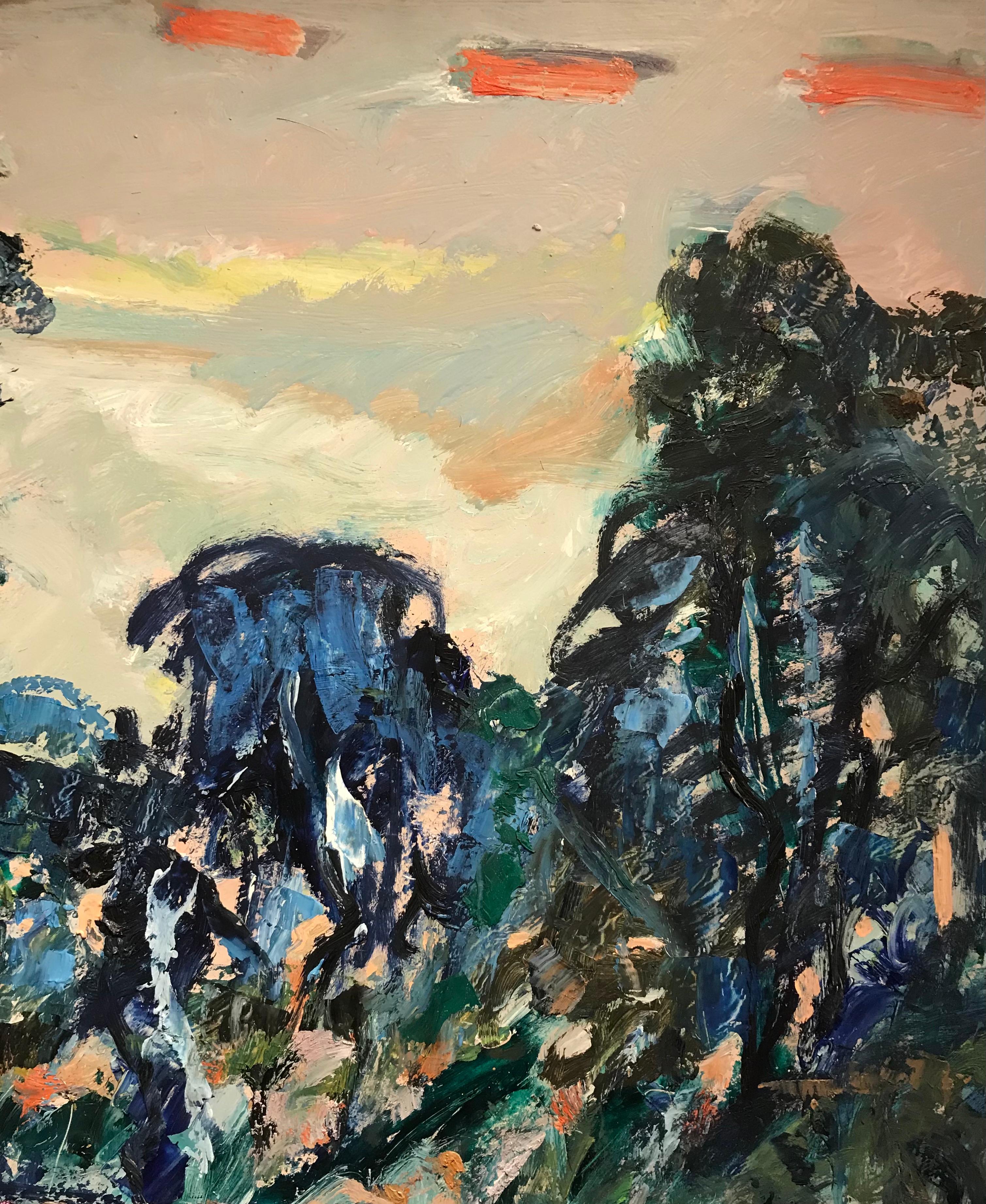 Forest n°2 by Jean Krillé - Oil on wood 65x92 cm - Blue Landscape Painting by Jean Krille