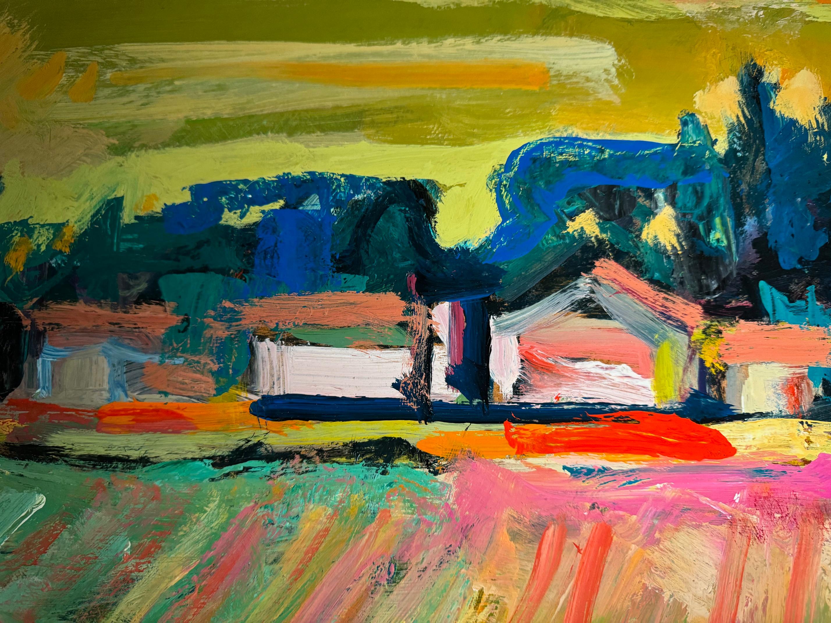 Landscape 101 by Jean Krille - Oil on masonite 100x100cm For Sale 3